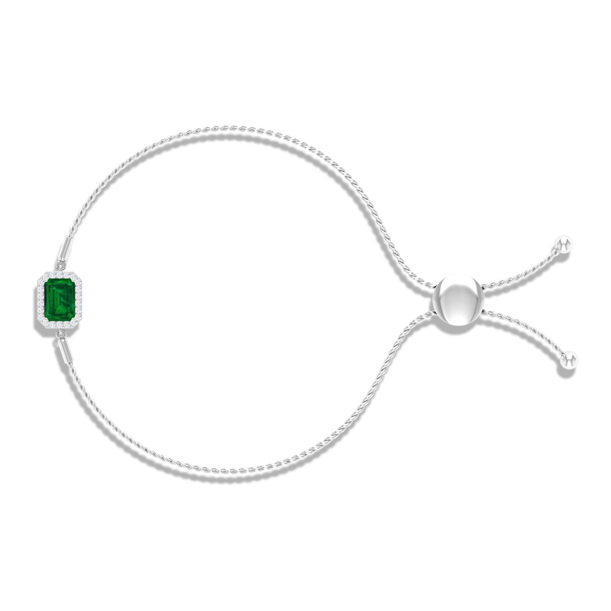 Emerald Cut Created Emerald Bolo Chain Bracelet With Diamond Halo Lab Created Emerald - ( AAAA ) - Quality - Rosec Jewels