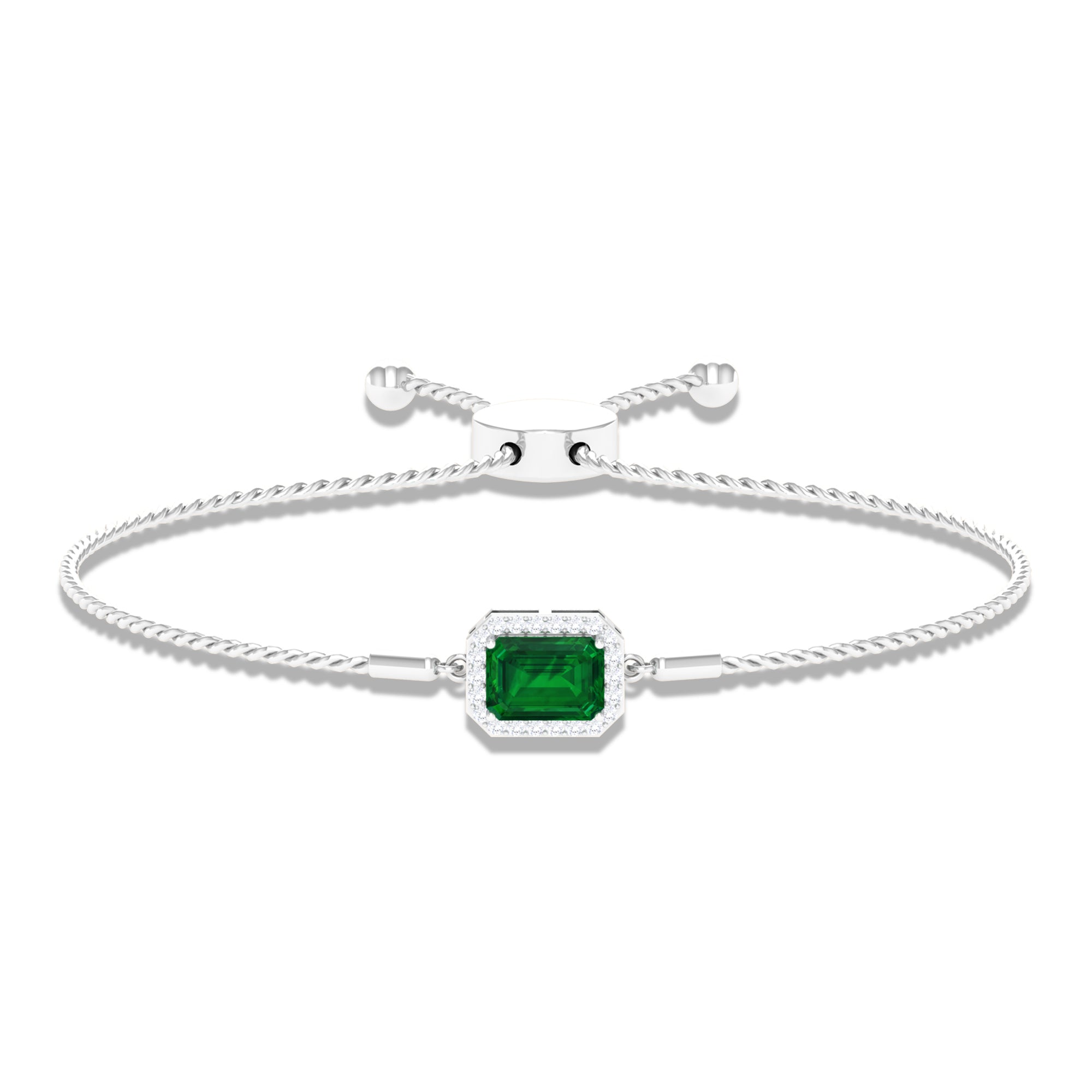 Emerald Cut Created Emerald Bolo Chain Bracelet With Diamond Halo Lab Created Emerald - ( AAAA ) - Quality - Rosec Jewels