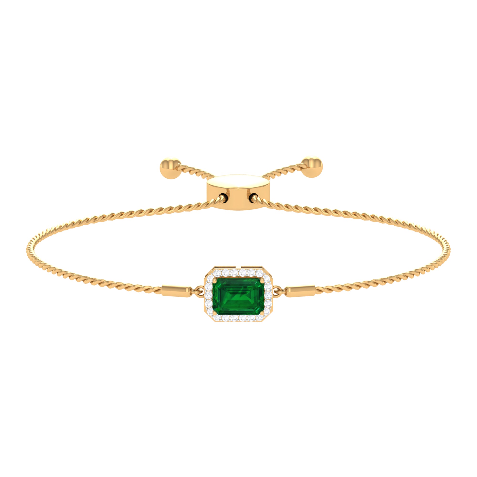 Emerald Cut Created Emerald Bolo Chain Bracelet With Diamond Halo Lab Created Emerald - ( AAAA ) - Quality - Rosec Jewels