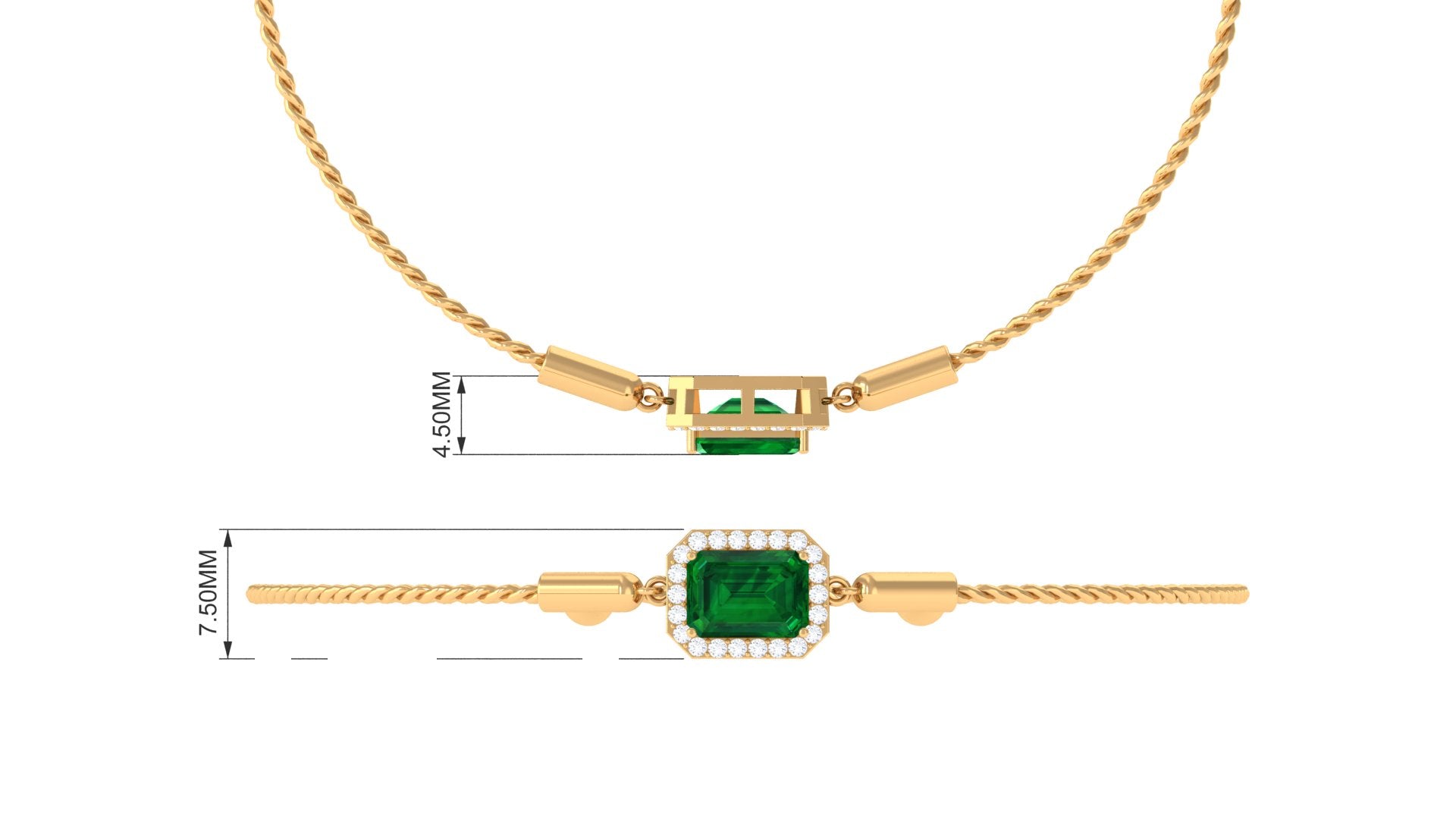 Emerald Cut Created Emerald Bolo Chain Bracelet With Diamond Halo Lab Created Emerald - ( AAAA ) - Quality - Rosec Jewels