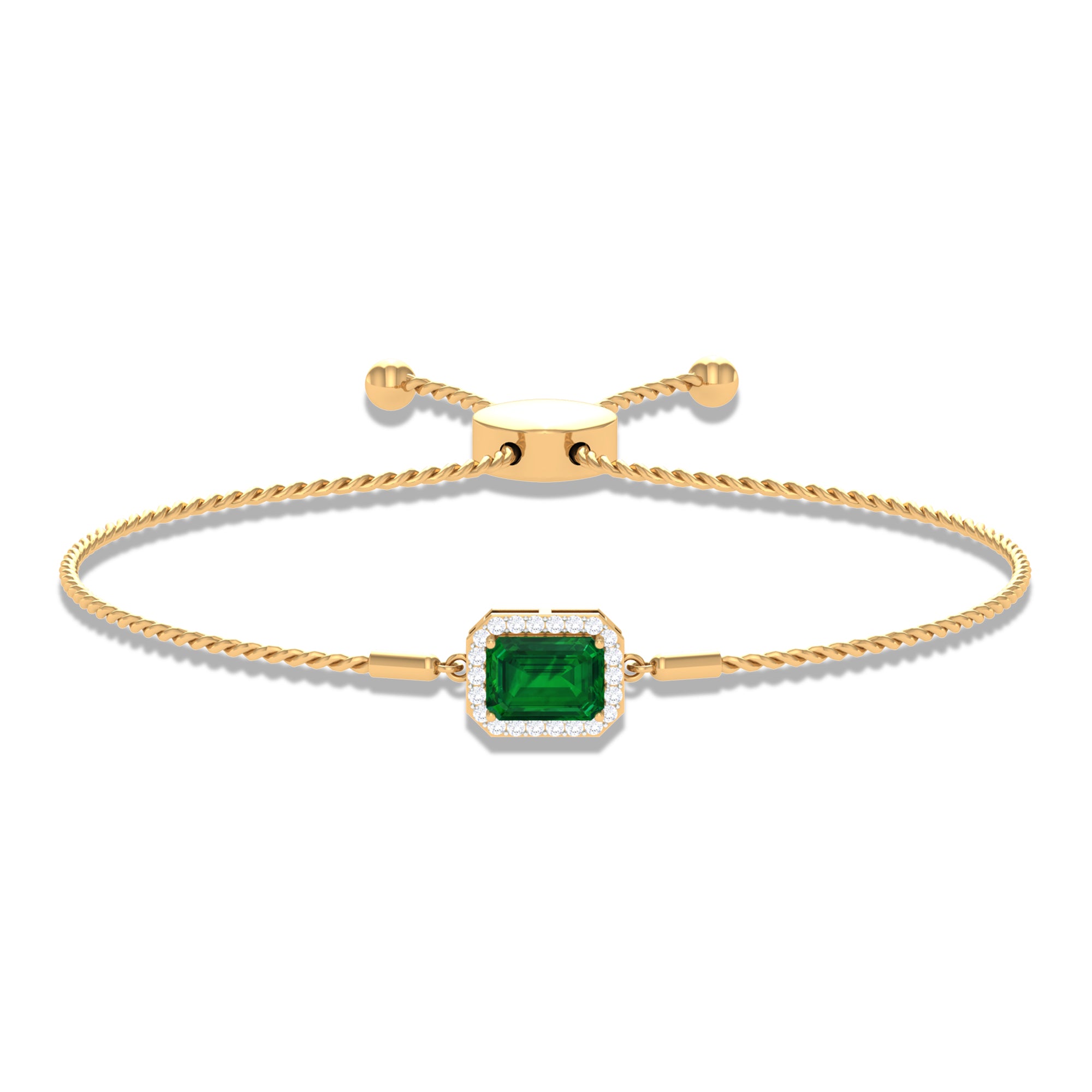 Emerald Cut Created Emerald Bolo Chain Bracelet With Diamond Halo Lab Created Emerald - ( AAAA ) - Quality - Rosec Jewels