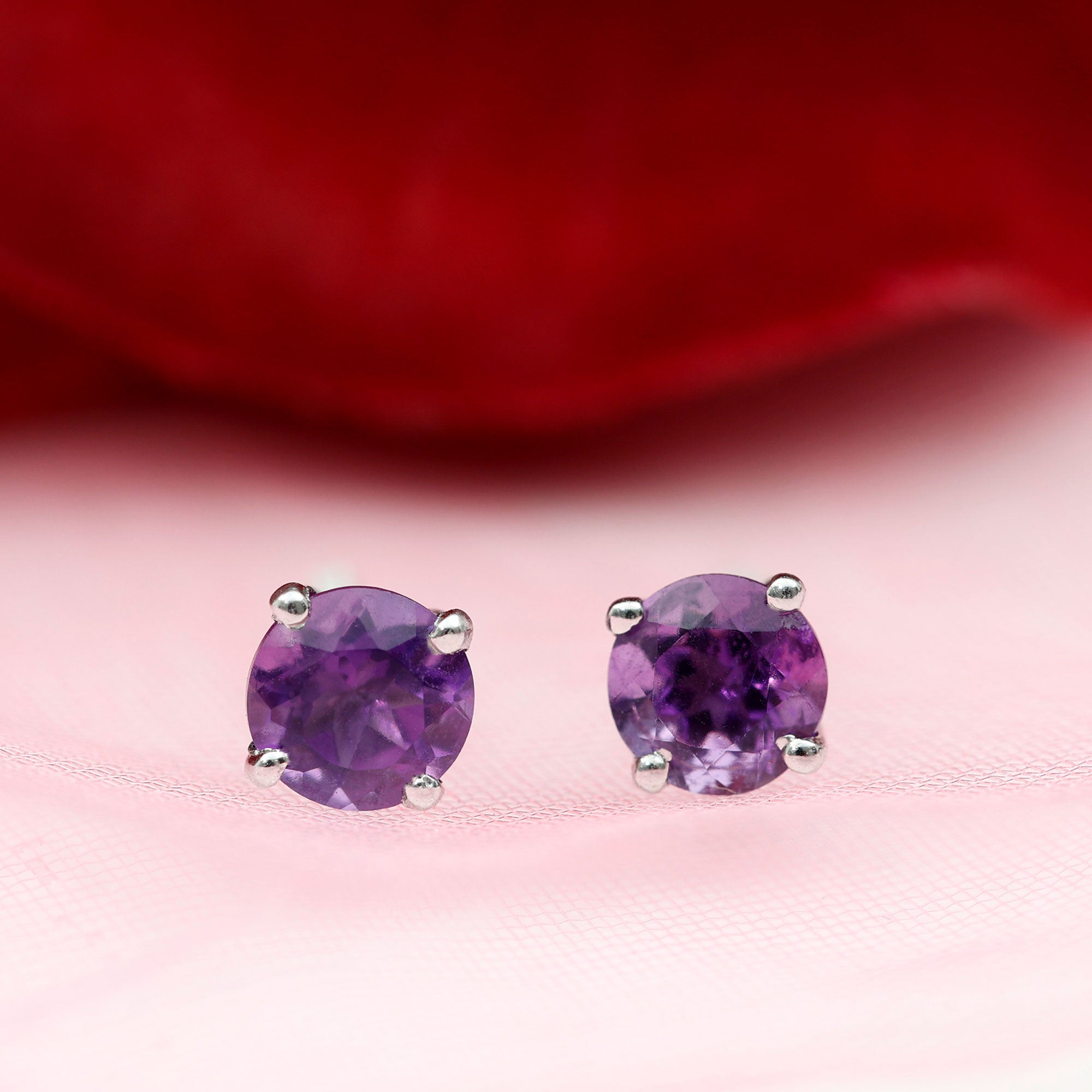 Amethyst Classic Solitaire Stud Earrings Amethyst - ( AAA ) - Quality - Rosec Jewels