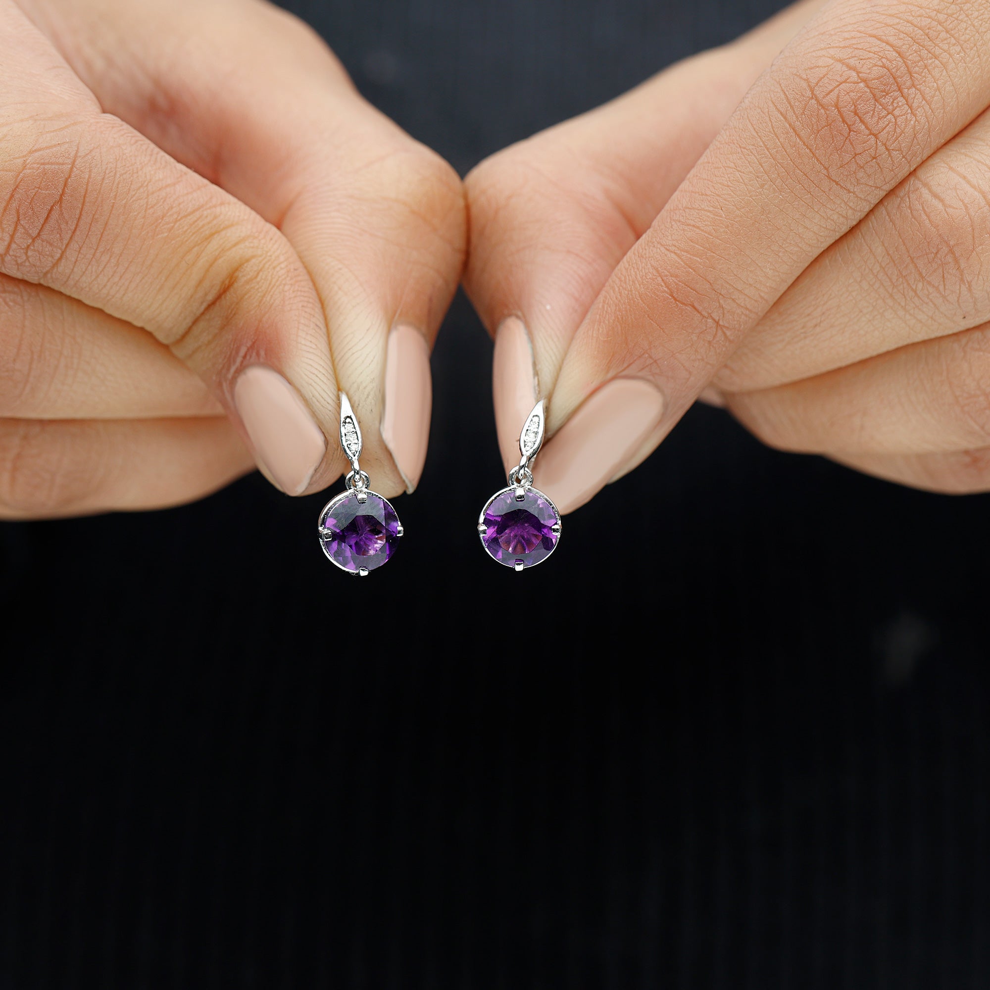 Natural Amethyst Solitaire Drop Earrings with Diamond Amethyst - ( AAA ) - Quality - Rosec Jewels