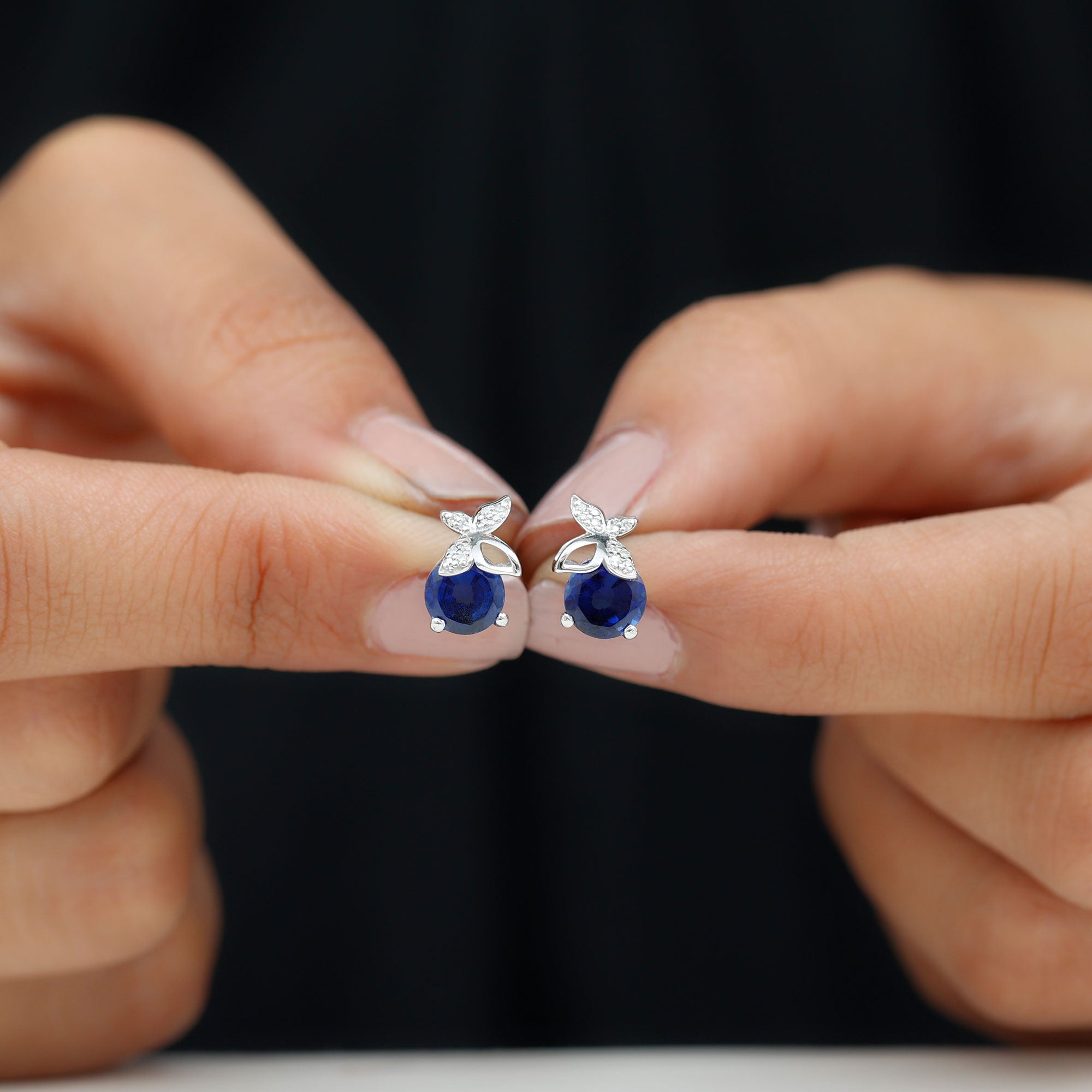 Created Blue Sapphire and Silver Moissanite Butterfly Stud Earrings Lab Created Blue Sapphire - ( AAAA ) - Quality 92.5 Sterling Silver - Rosec Jewels