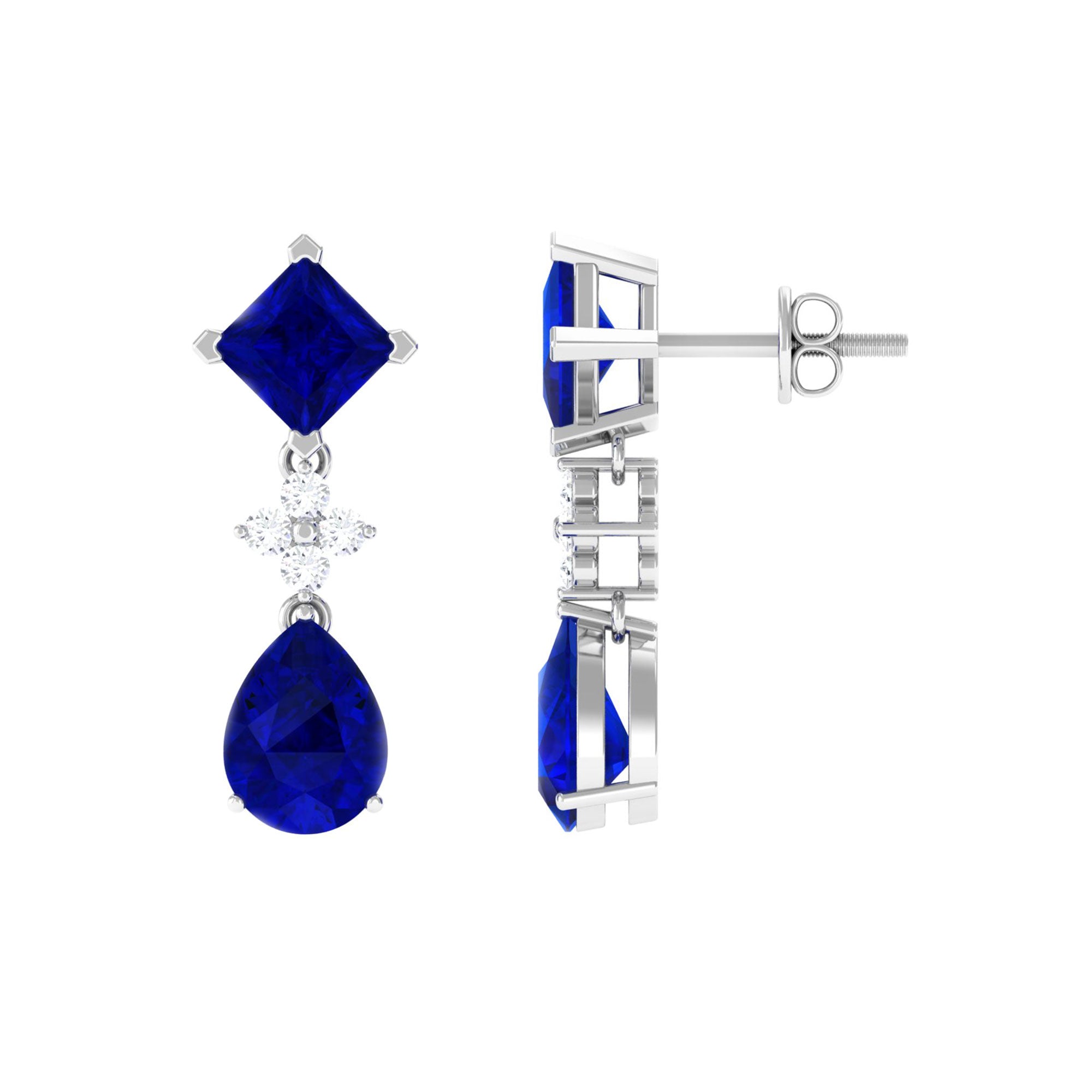 4.75 CT Created Blue Sapphire Silver Drop Earrings with Moissanite Lab Created Blue Sapphire - ( AAAA ) - Quality 92.5 Sterling Silver - Rosec Jewels