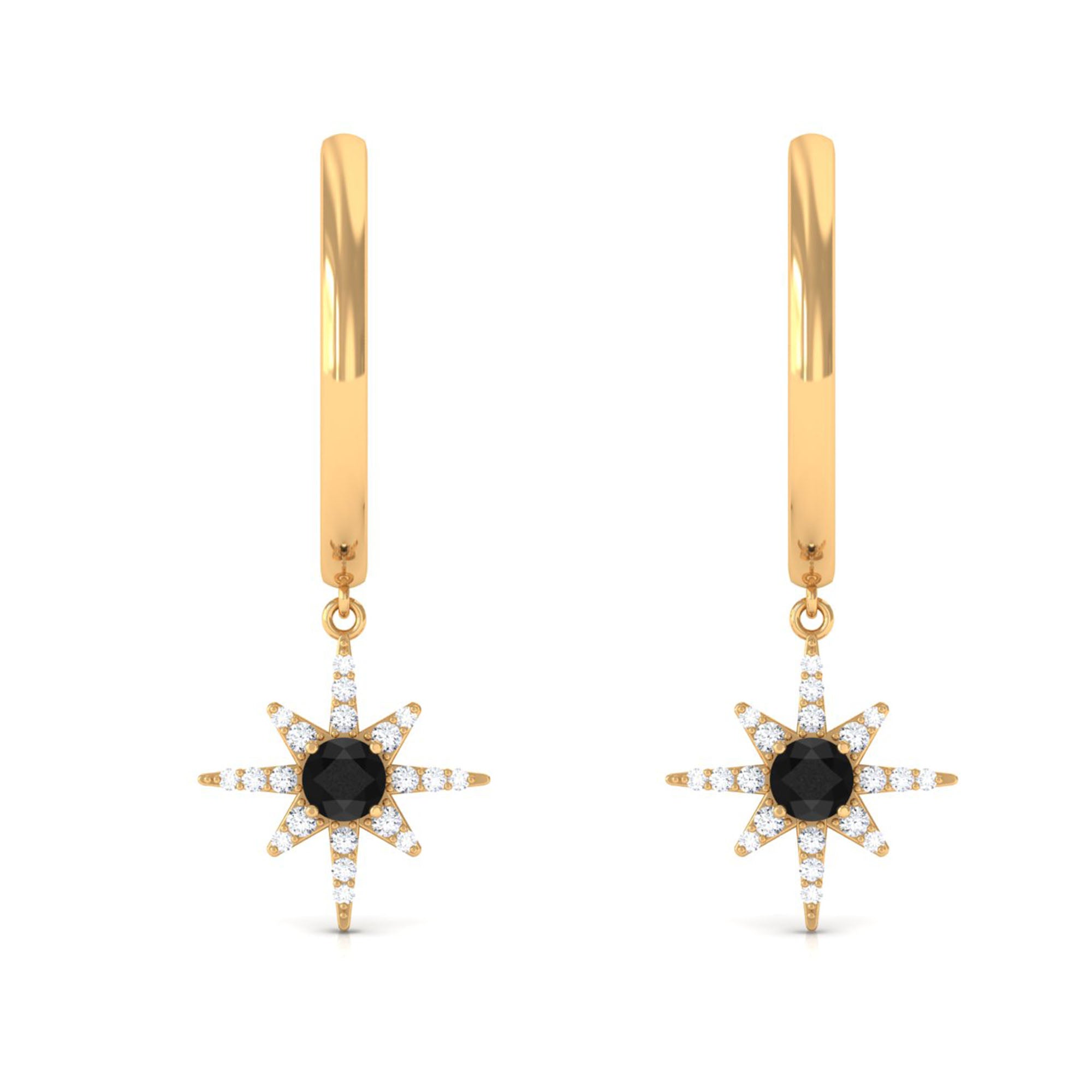 Created Black Diamond and Diamond Sunburst Hoop Earrings Lab Created Black Diamond - ( AAAA ) - Quality - Rosec Jewels