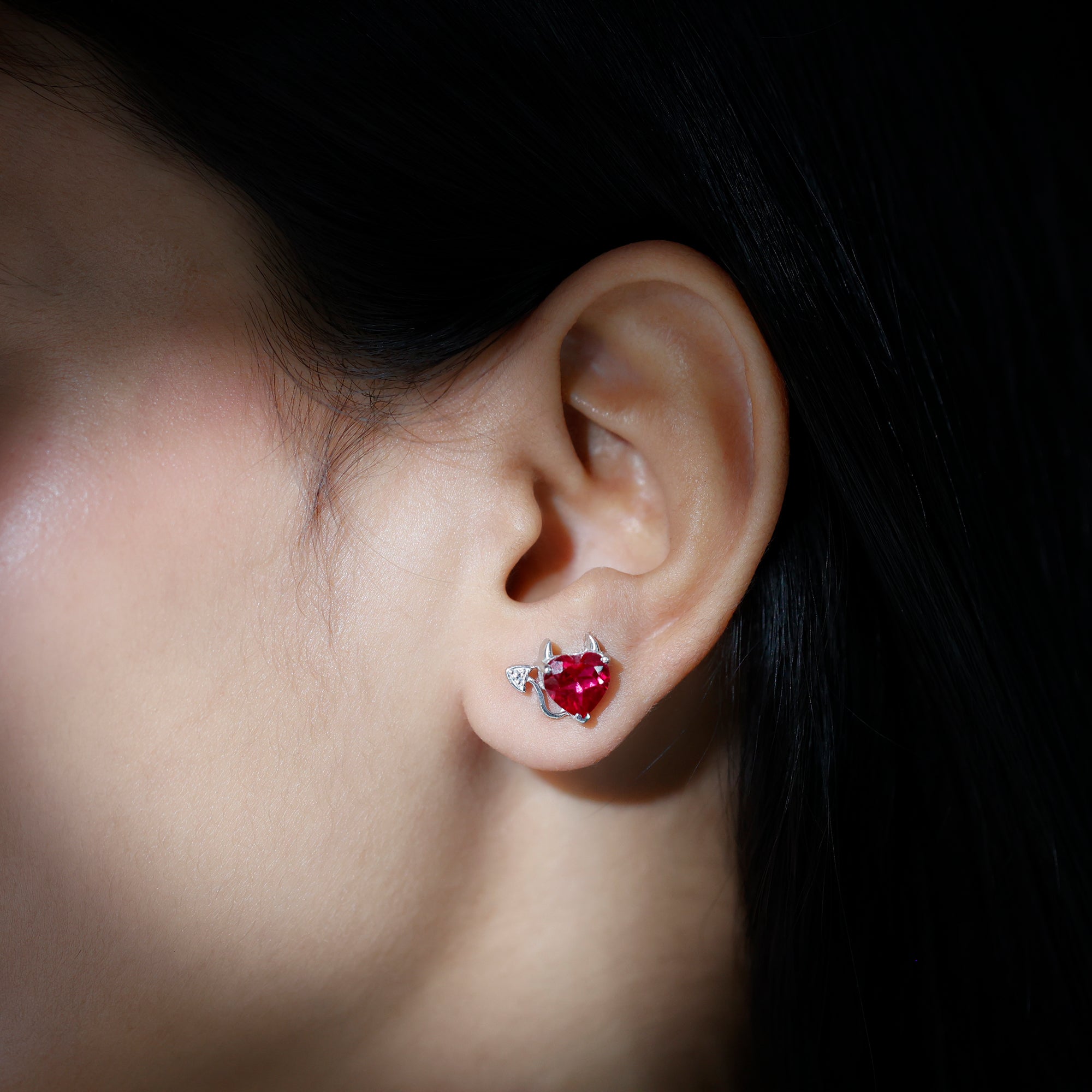 Lab Grown Ruby and Zircon Devil Heart Earrings in Silver Lab Created Ruby - ( AAAA ) - Quality 92.5 Sterling Silver - Rosec Jewels