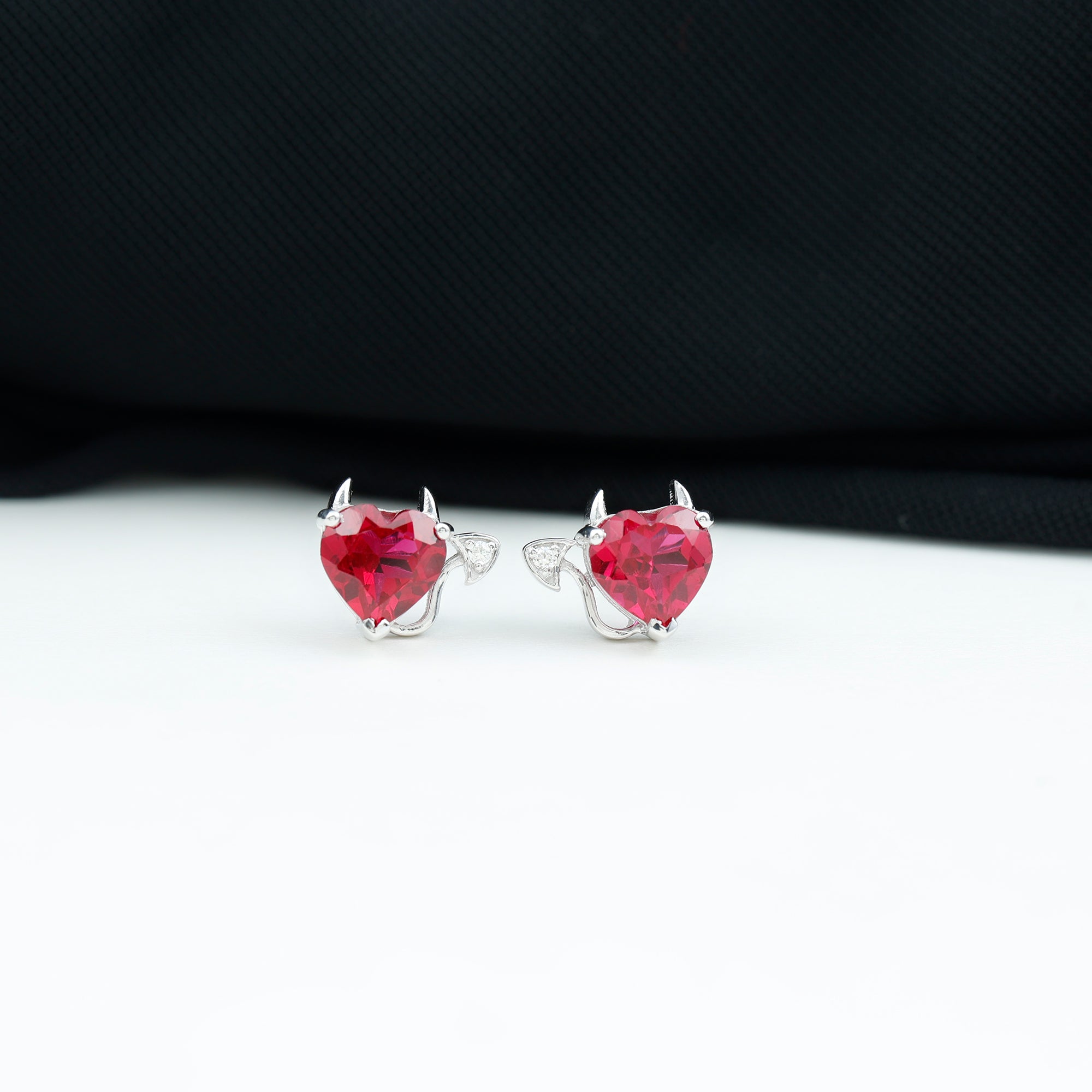 Lab Grown Ruby and Zircon Devil Heart Earrings Lab Created Ruby - ( AAAA ) - Quality - Rosec Jewels