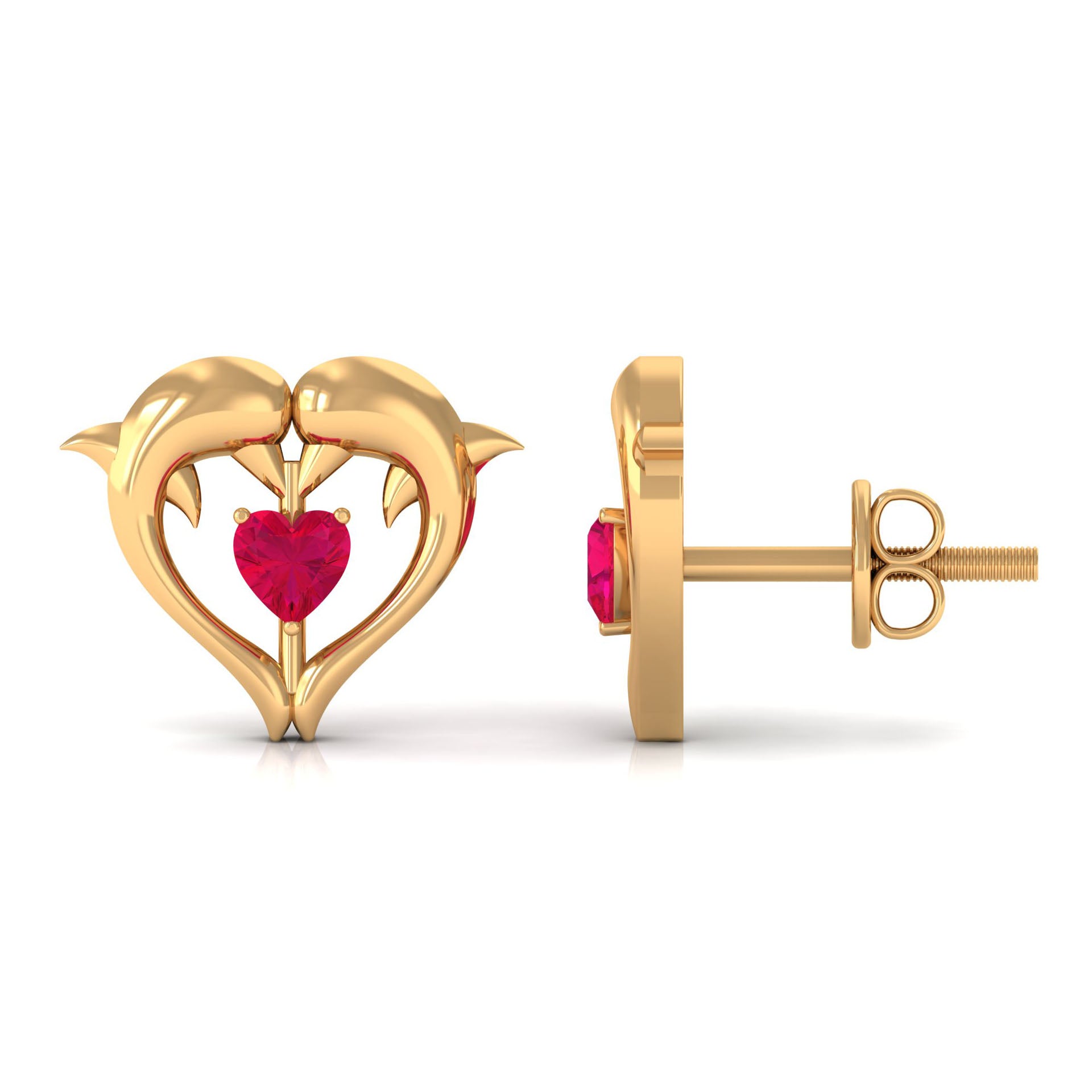 Heart Shape Ruby Dolphin Stud Earrings Ruby - ( AAA ) - Quality - Rosec Jewels