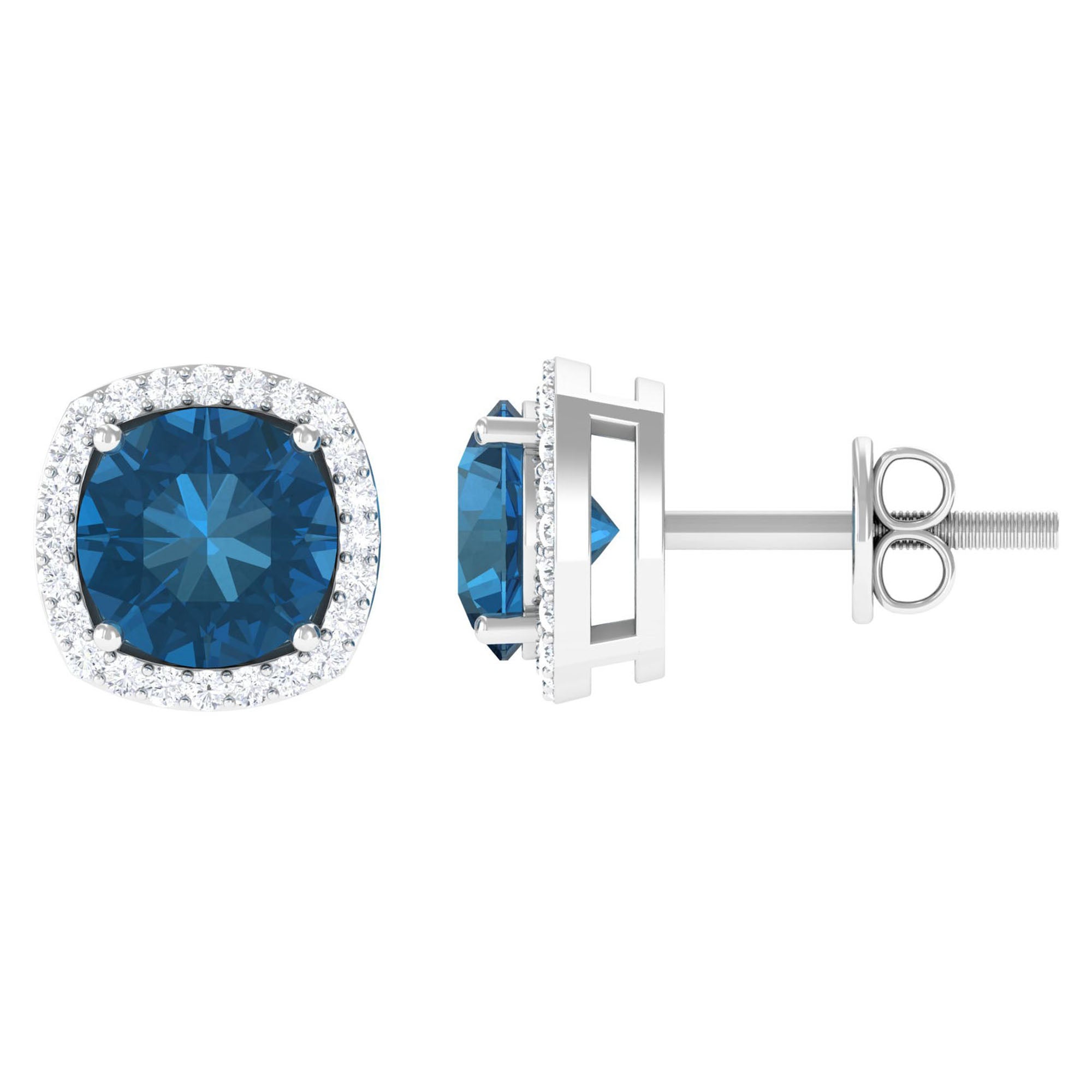 London Blue Topaz and Diamond Halo Stud Earrings London Blue Topaz - ( AAA ) - Quality - Rosec Jewels