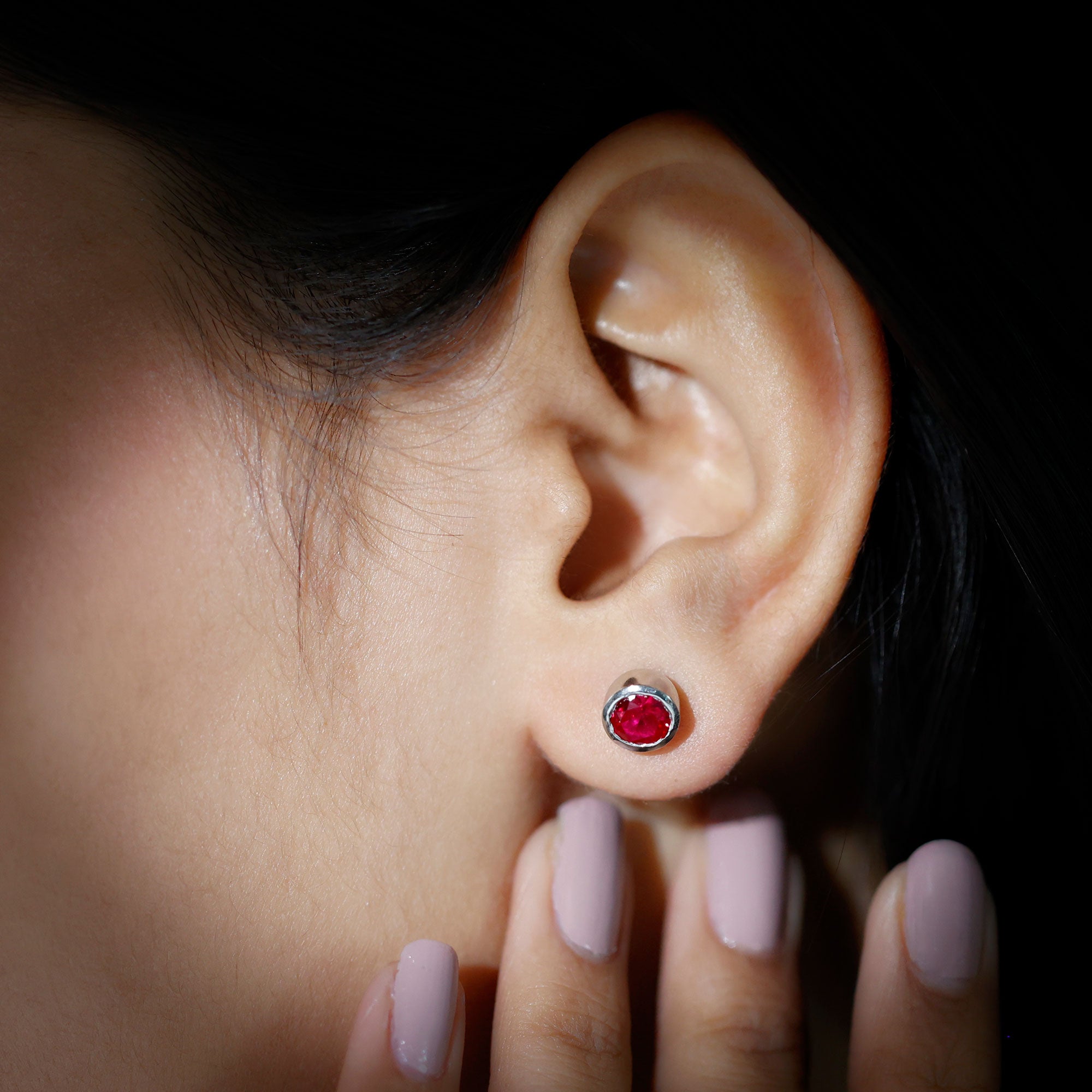 Created Ruby Solitaire Silver Stud Earrings in Bezel Setting Lab Created Ruby - ( AAAA ) - Quality 92.5 Sterling Silver - Rosec Jewels