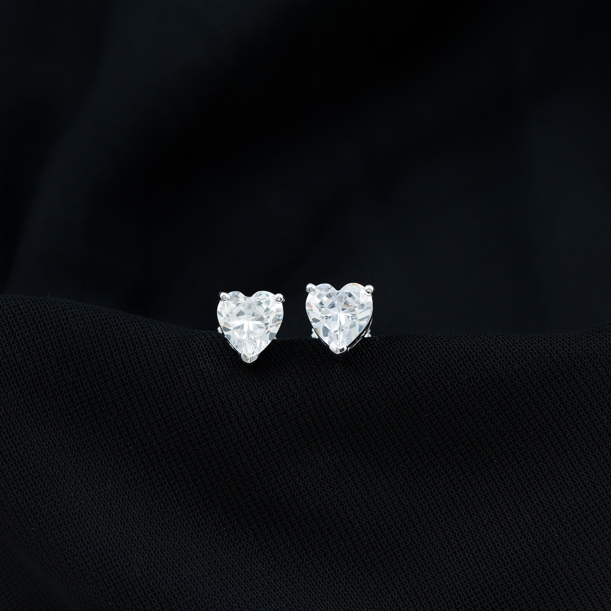 Heart Shape Cubic Zirconia Solitaire Stud Earrings in Silver Zircon - ( AAAA ) - Quality 92.5 Sterling Silver - Rosec Jewels