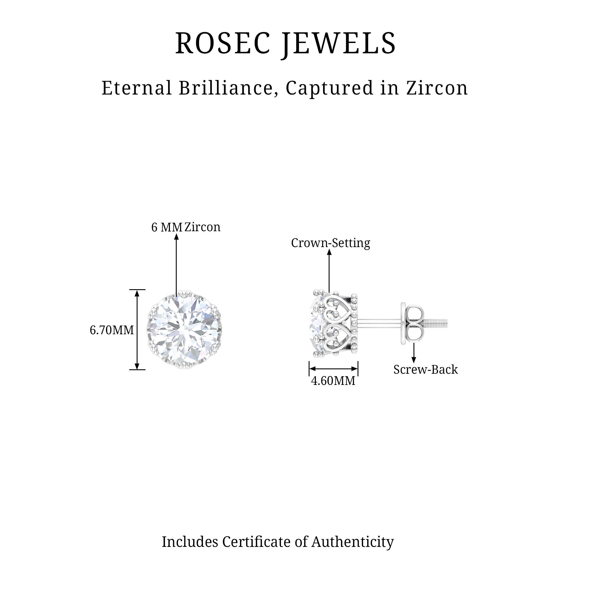 2 CT Round Solitaire Zircon Crown Stud Earrings in Silver Zircon - ( AAAA ) - Quality 92.5 Sterling Silver - Rosec Jewels