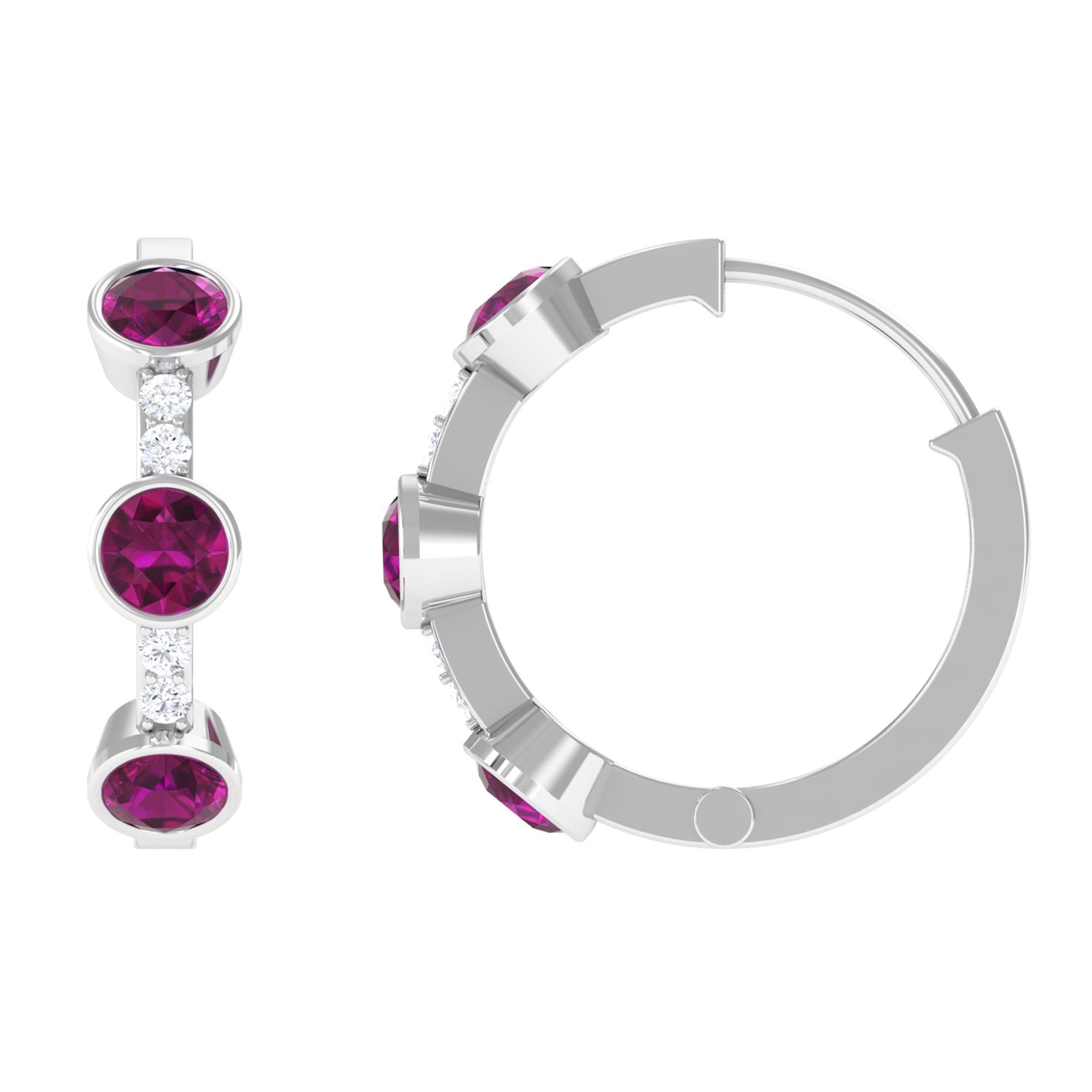 Bezel Set Rhodolite 3 Stone Hinged Hoop Earrings with Diamond Rhodolite - ( AAA ) - Quality - Rosec Jewels