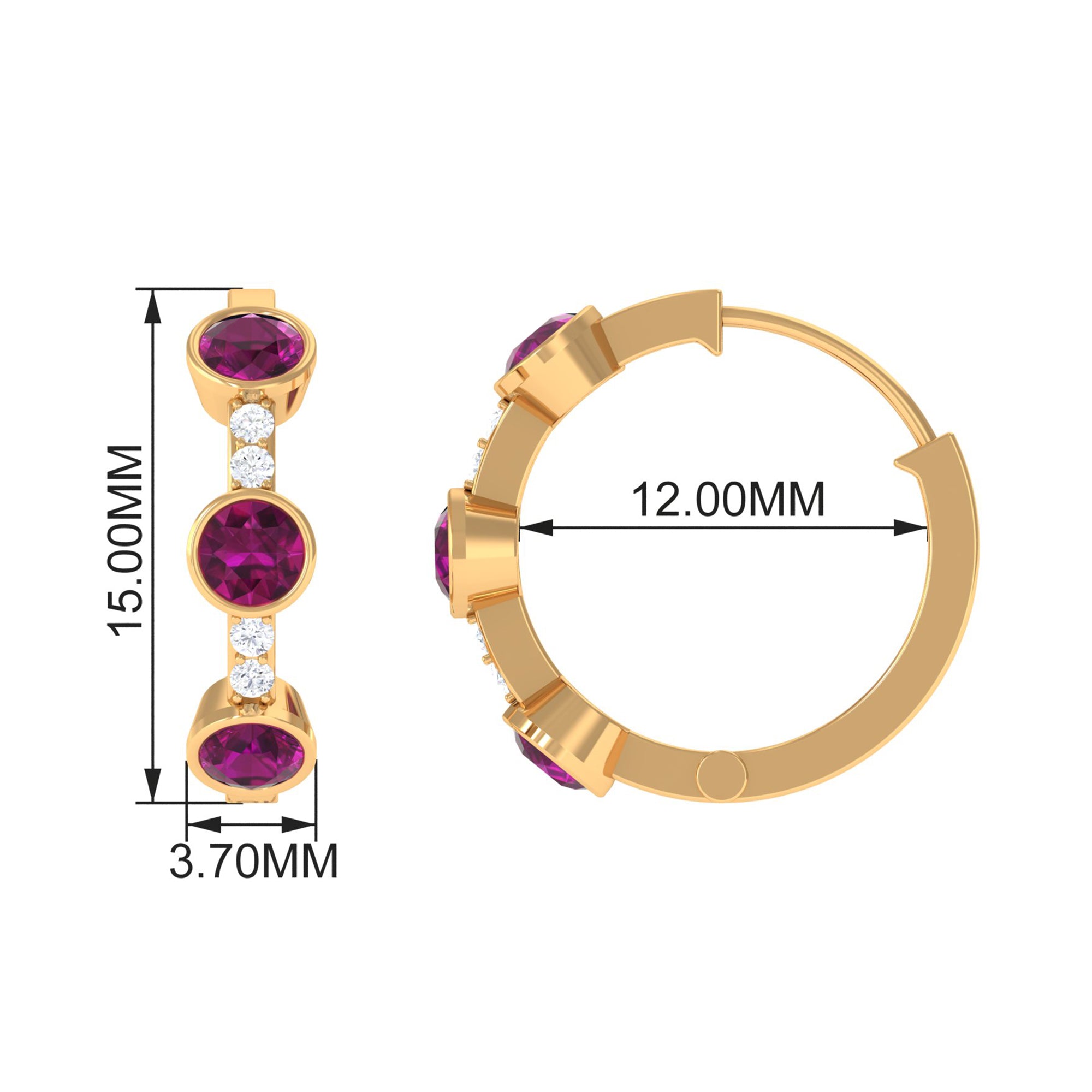 Bezel Set Rhodolite 3 Stone Hinged Hoop Earrings with Diamond Rhodolite - ( AAA ) - Quality - Rosec Jewels