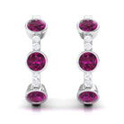 Bezel Set Rhodolite 3 Stone Hinged Hoop Earrings with Diamond Rhodolite - ( AAA ) - Quality - Rosec Jewels