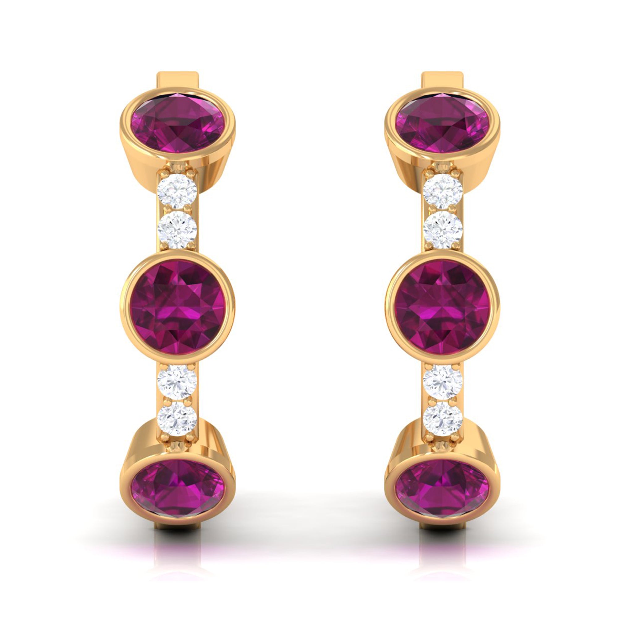 Bezel Set Rhodolite 3 Stone Hinged Hoop Earrings with Diamond Rhodolite - ( AAA ) - Quality - Rosec Jewels