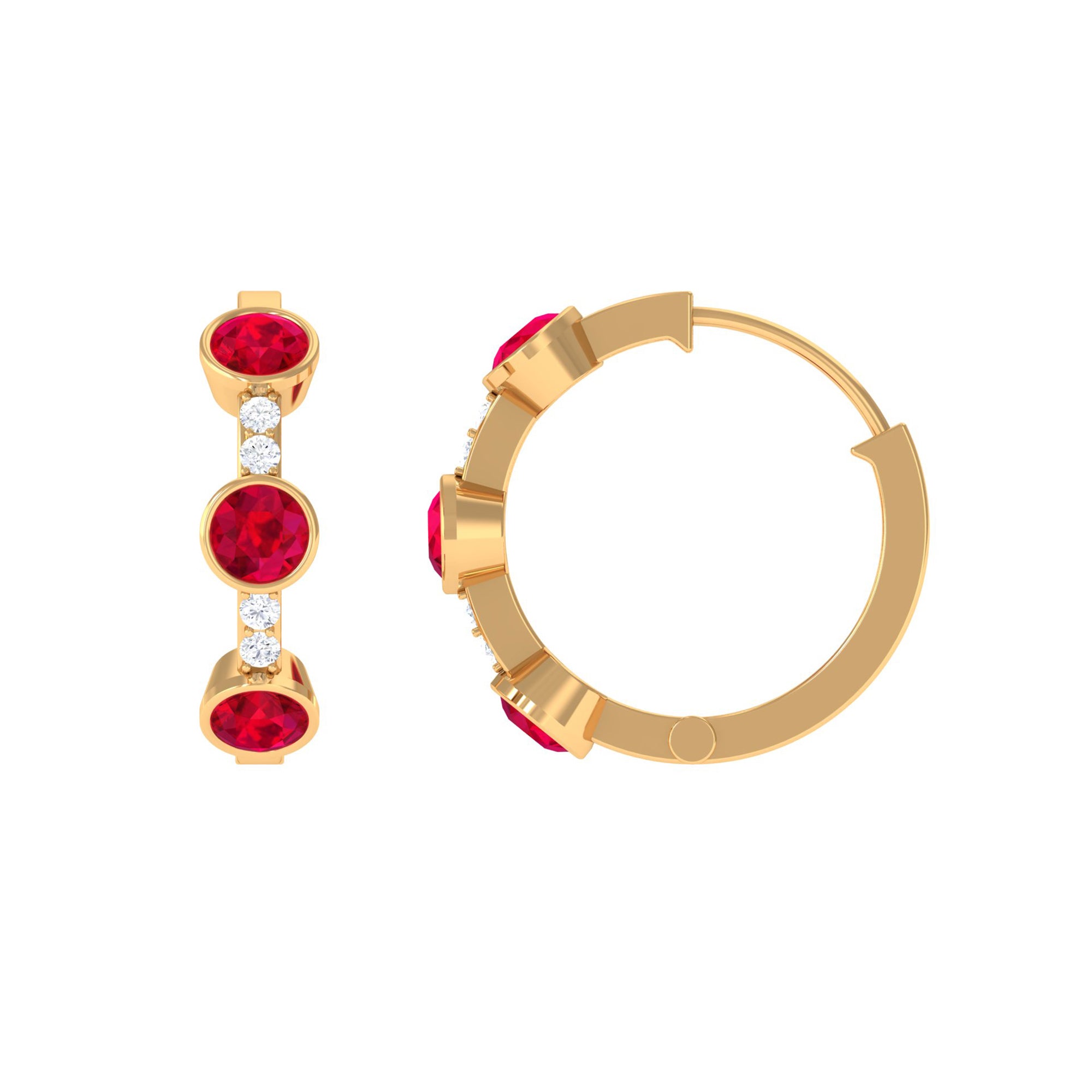 Bezel Set Created Ruby 3 Stone Hinged Hoop Earrings with Diamond Lab Created Ruby - ( AAAA ) - Quality - Rosec Jewels