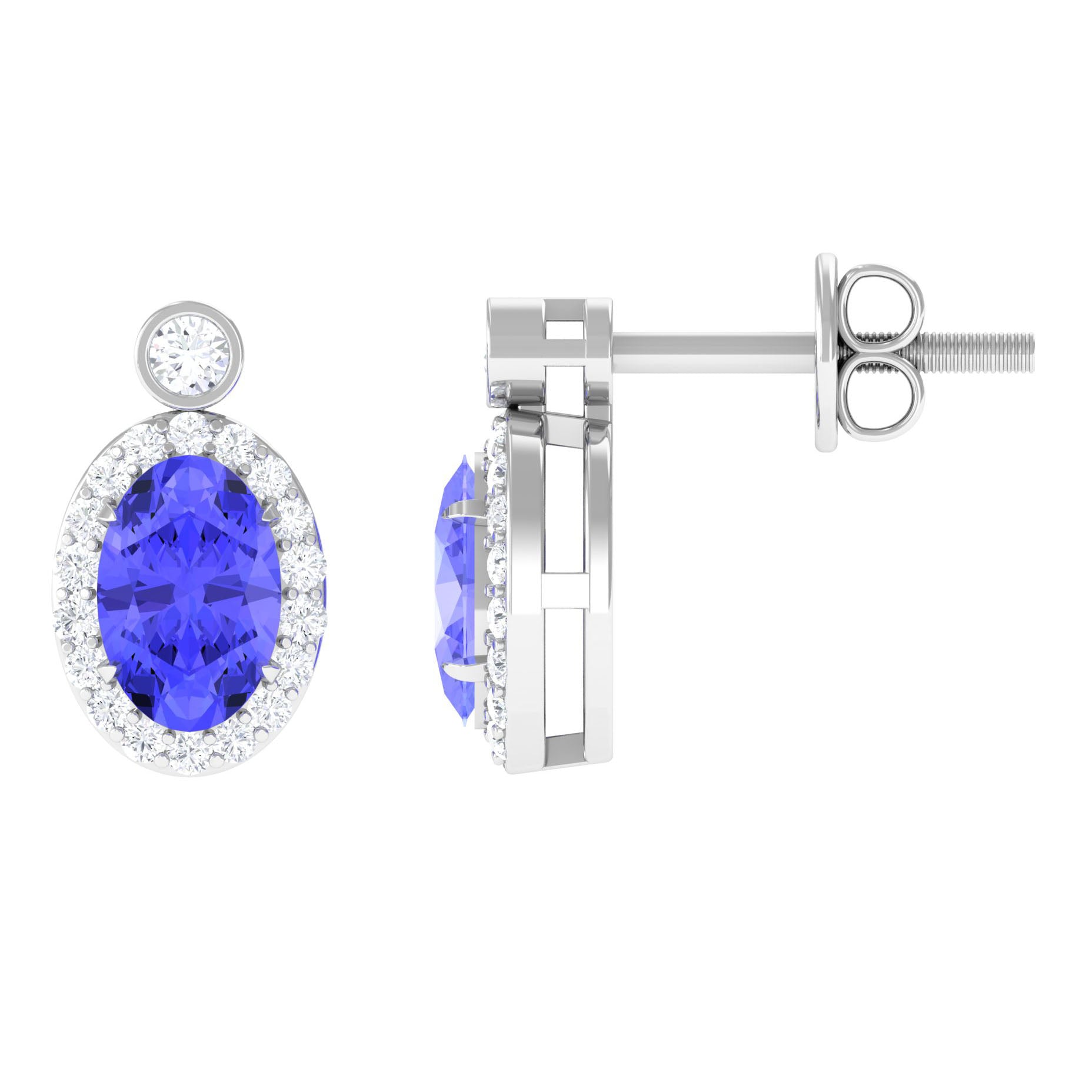 Oval Tanzanite and Diamond Halo Stud Earrings Tanzanite - ( AAA ) - Quality - Rosec Jewels