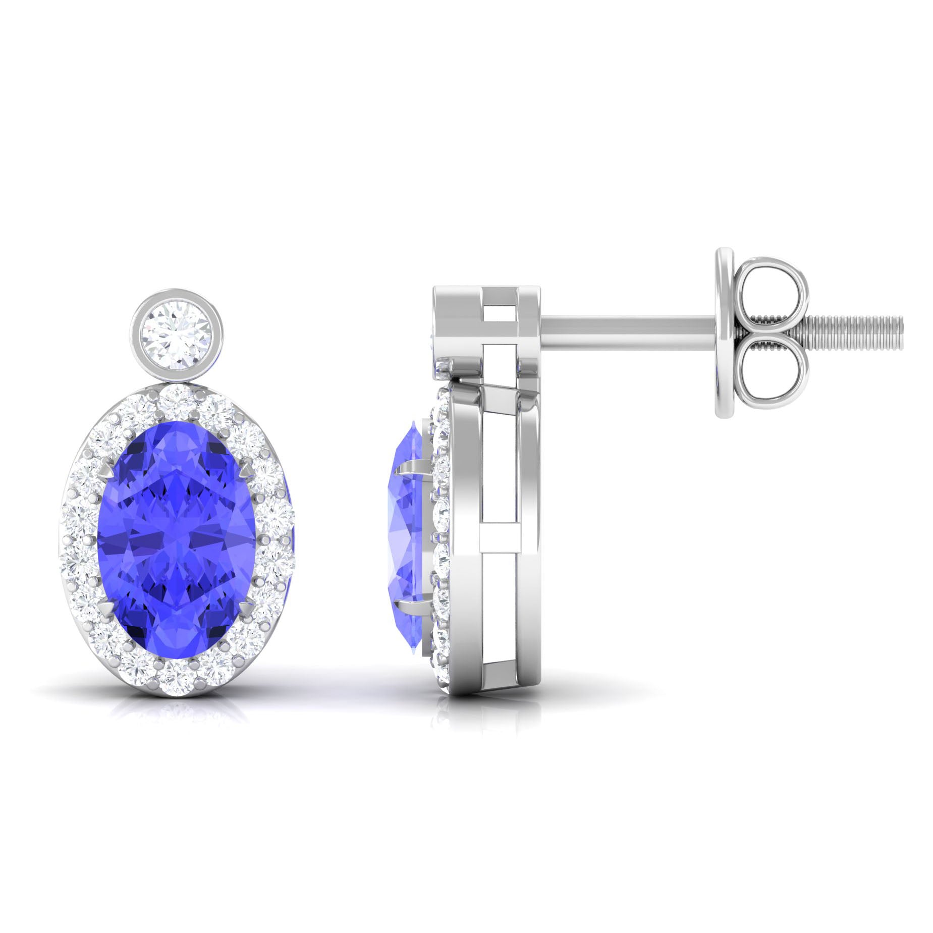 Oval Tanzanite and Diamond Halo Stud Earrings Tanzanite - ( AAA ) - Quality - Rosec Jewels