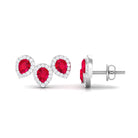 Pear Cut Created Ruby 3 Stone Stud Earring with Diamond Halo Lab Created Ruby - ( AAAA ) - Quality - Rosec Jewels