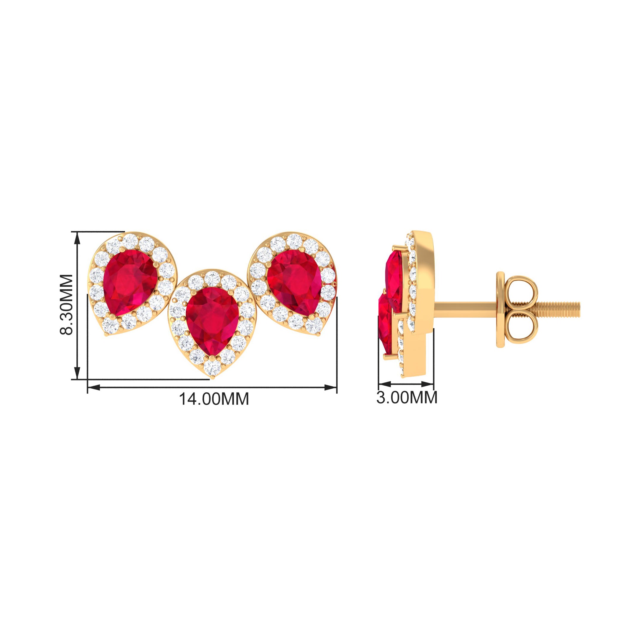 Pear Cut Created Ruby 3 Stone Stud Earring with Diamond Halo Lab Created Ruby - ( AAAA ) - Quality - Rosec Jewels