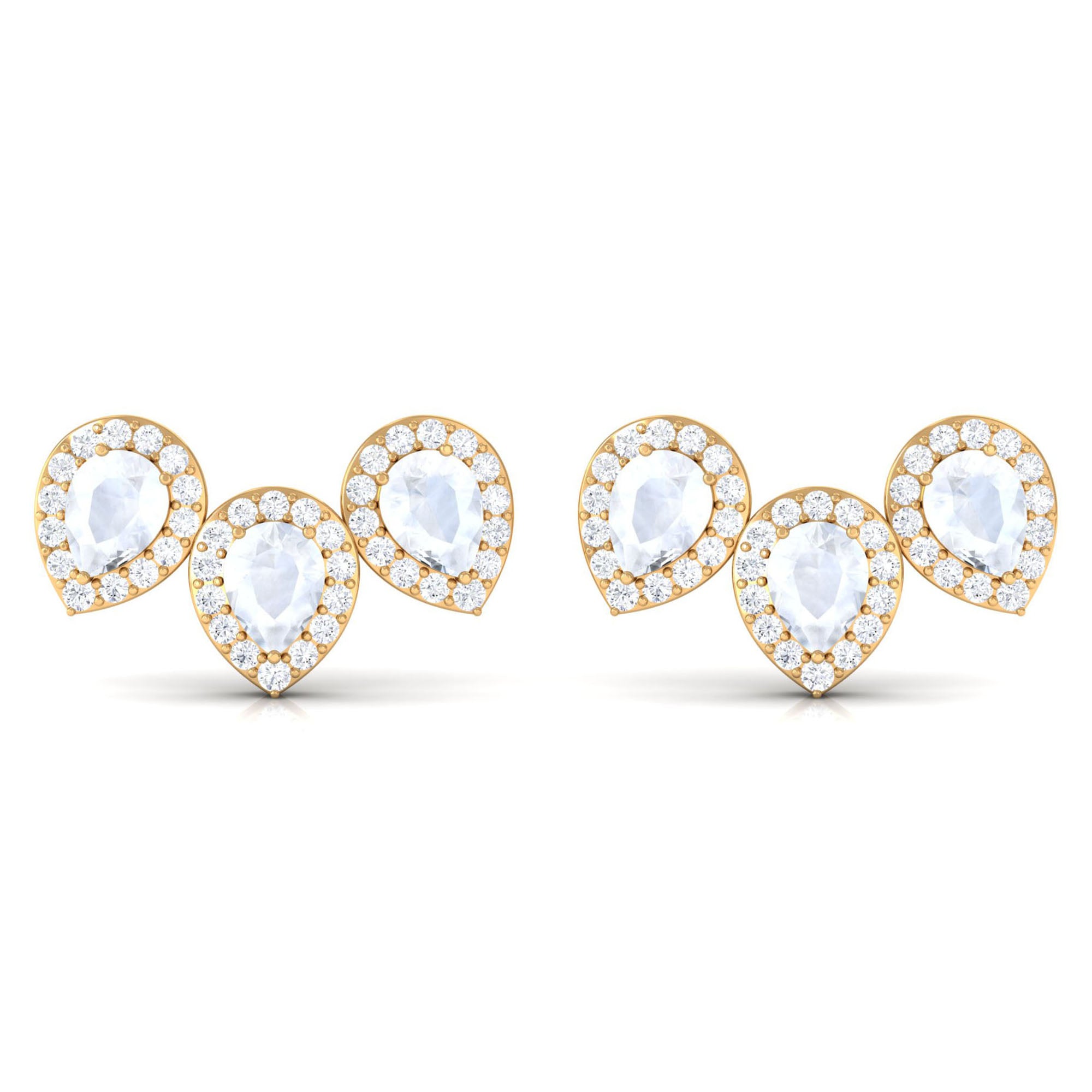 Pear Shape Moonstone Three Stone Bridal Stud Earrings with Diamond Halo Moonstone - ( AAA ) - Quality - Rosec Jewels