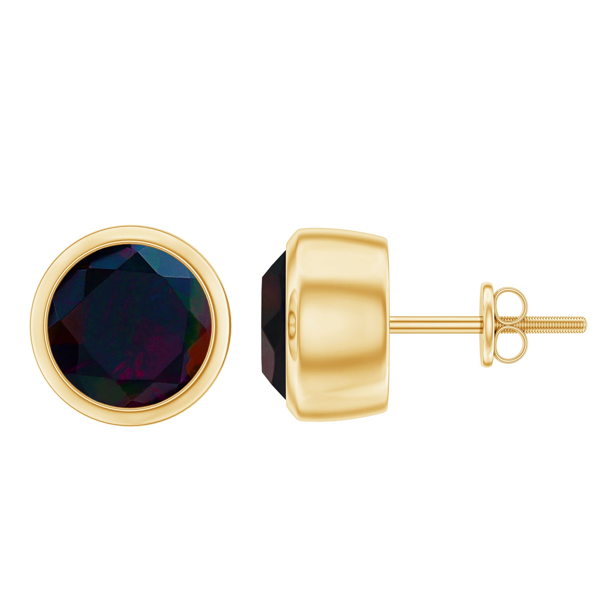 Round Shape Black Opal Solitaire Stud Earrings in Bezel Setting Black Opal - ( AAA ) - Quality - Rosec Jewels