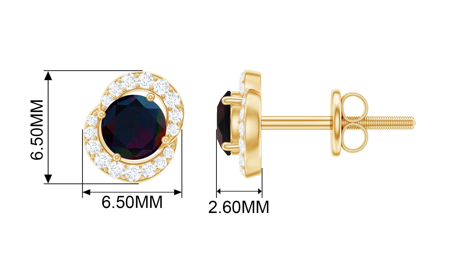 Classic Round Stud Earrings with Black Opal and Diamond Black Opal - ( AAA ) - Quality - Rosec Jewels