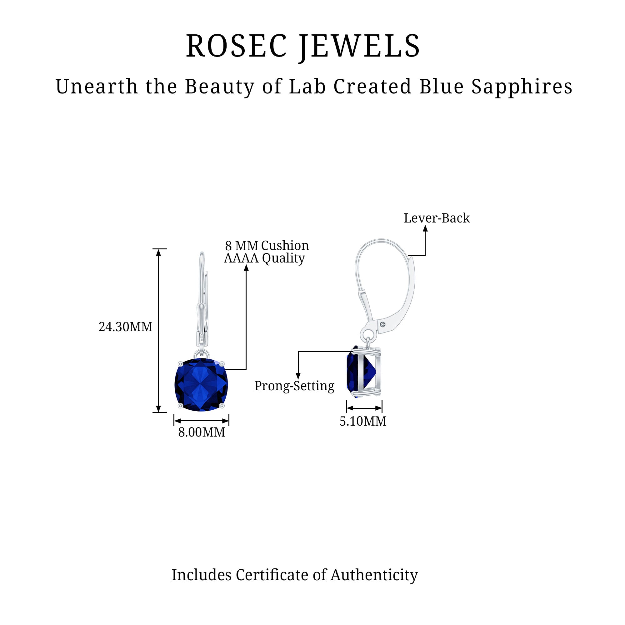 Cushion Cut Solitaire Created Blue Sapphire Drop Earrings Lab Created Blue Sapphire - ( AAAA ) - Quality - Rosec Jewels