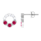 Three Stone Ruby Eternity Stud Earrings with Diamond Ruby - ( AAA ) - Quality - Rosec Jewels