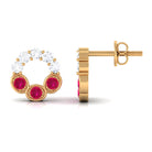 Three Stone Ruby Eternity Stud Earrings with Diamond Ruby - ( AAA ) - Quality - Rosec Jewels