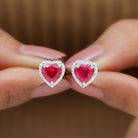 Created Ruby Heart Stud Earrings With Moissanite Lab Created Ruby - ( AAAA ) - Quality 92.5 Sterling Silver - Rosec Jewels