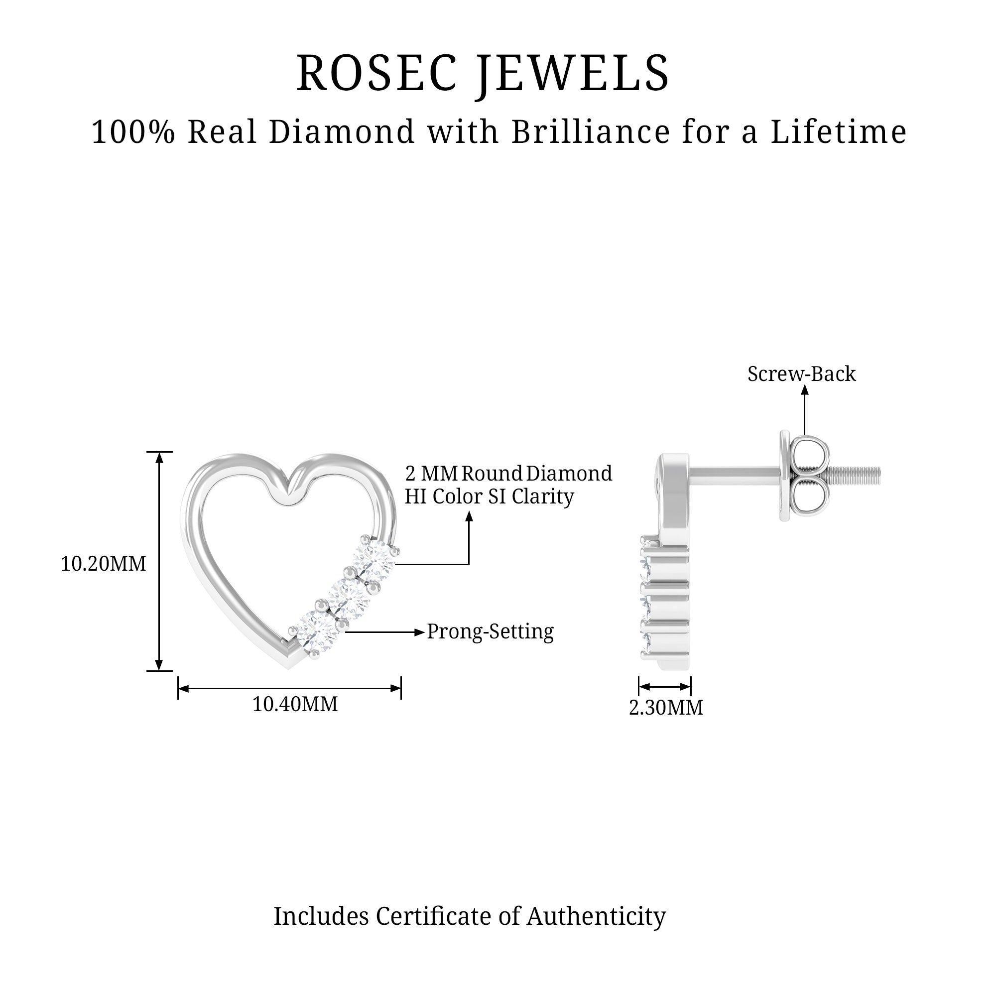 Three Stone Diamond Gold Heart Stud Earring for Women Diamond - ( HI-SI ) - Color and Clarity - Rosec Jewels