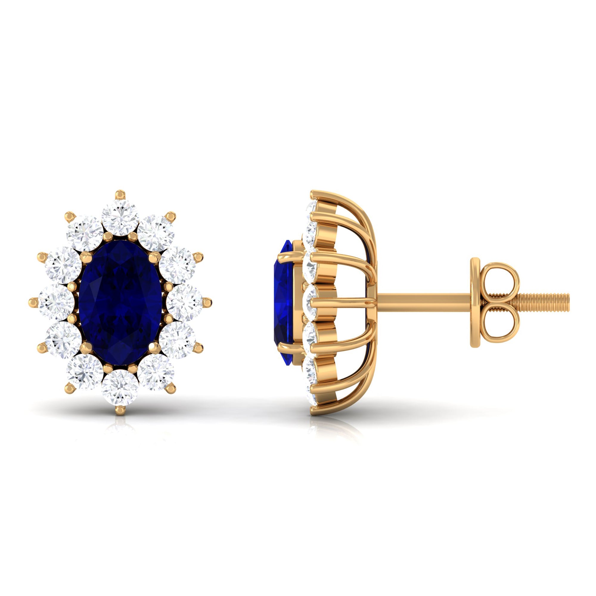 2 CT Oval Shape Blue Sapphire and Diamond Starburst Stud Earrings Blue Sapphire - ( AAA ) - Quality - Rosec Jewels