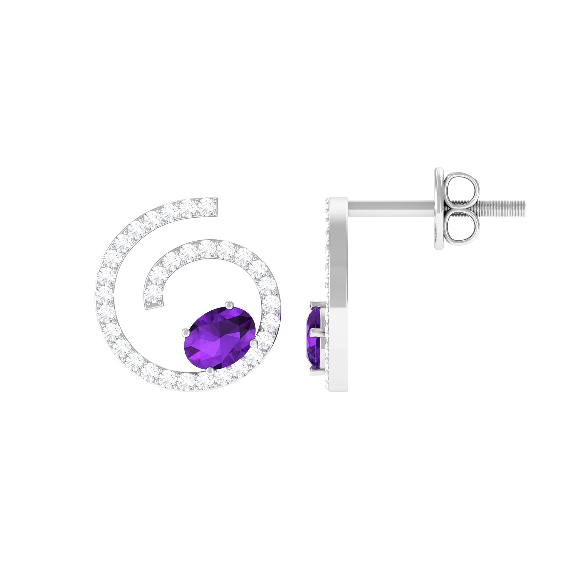 Oval Amethyst and Diamond Swirl Stud Earrings Amethyst - ( AAA ) - Quality - Rosec Jewels