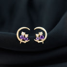 1/4 CT Amethyst and Diamond Cat on Moon Stud Earrings Amethyst - ( AAA ) - Quality - Rosec Jewels