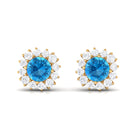 Round Swiss Blue Topaz Classic Stud Earring with Diamond Accent Swiss Blue Topaz - ( AAA ) - Quality - Rosec Jewels