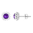 Natural Amethyst Classic Halo Stud Earring with Diamond Amethyst - ( AAA ) - Quality - Rosec Jewels