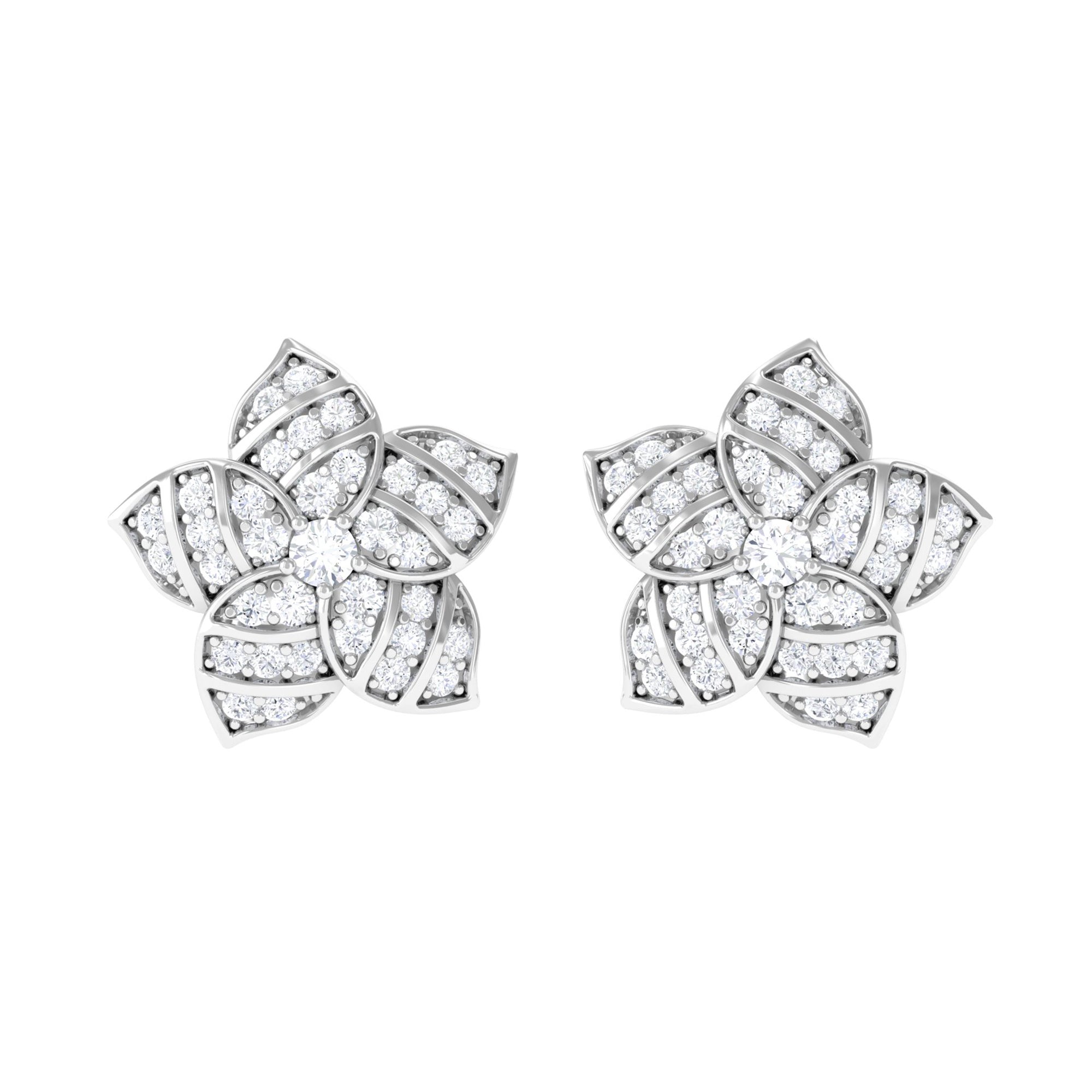 Real Diamond Statement Flower Stud Earrings in Gold Diamond - ( HI-SI ) - Color and Clarity - Rosec Jewels