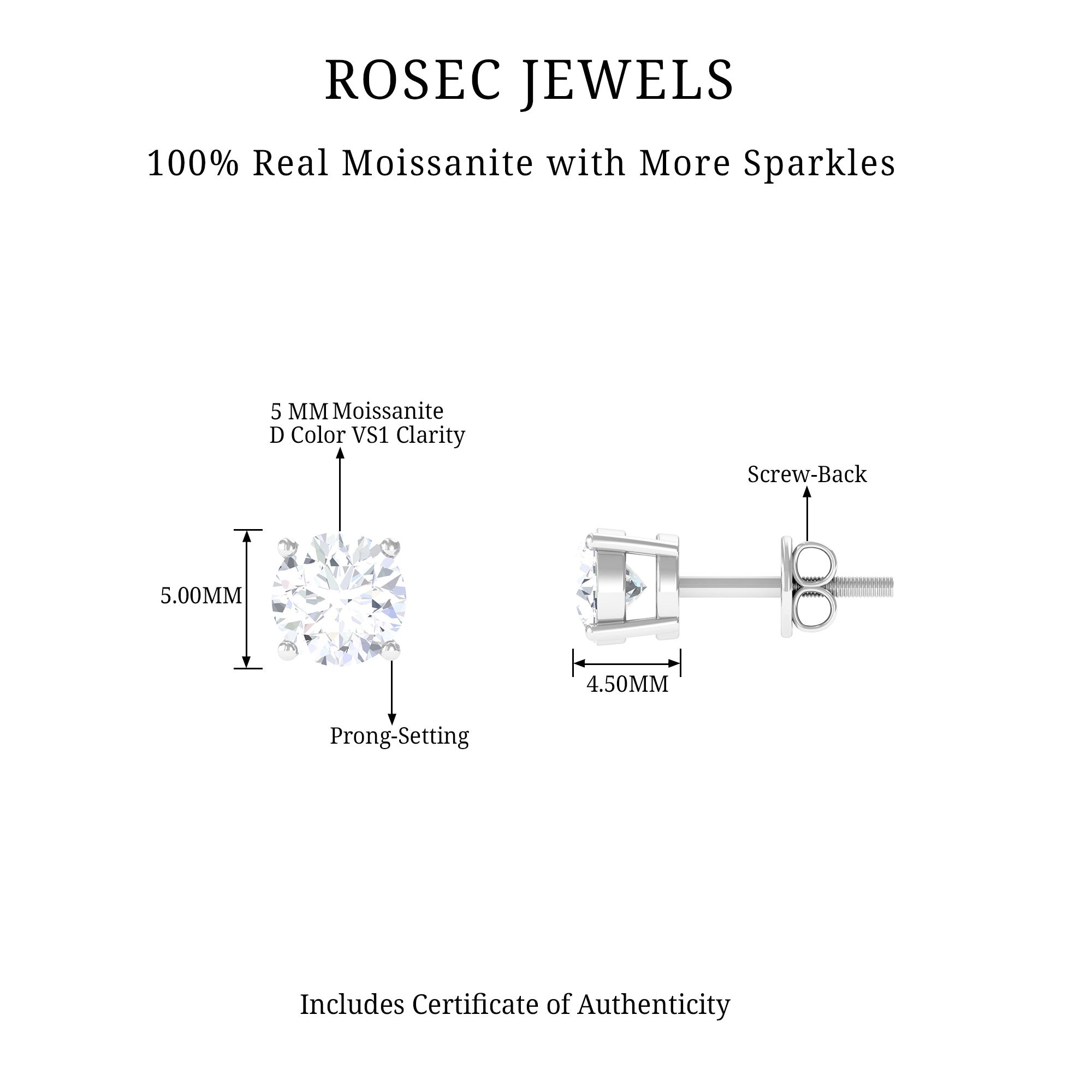 5 MM Round Moissanite Solitaire Screw Back Stud Earring Moissanite - ( D-VS1 ) - Color and Clarity 92.5 Sterling Silver - Rosec Jewels