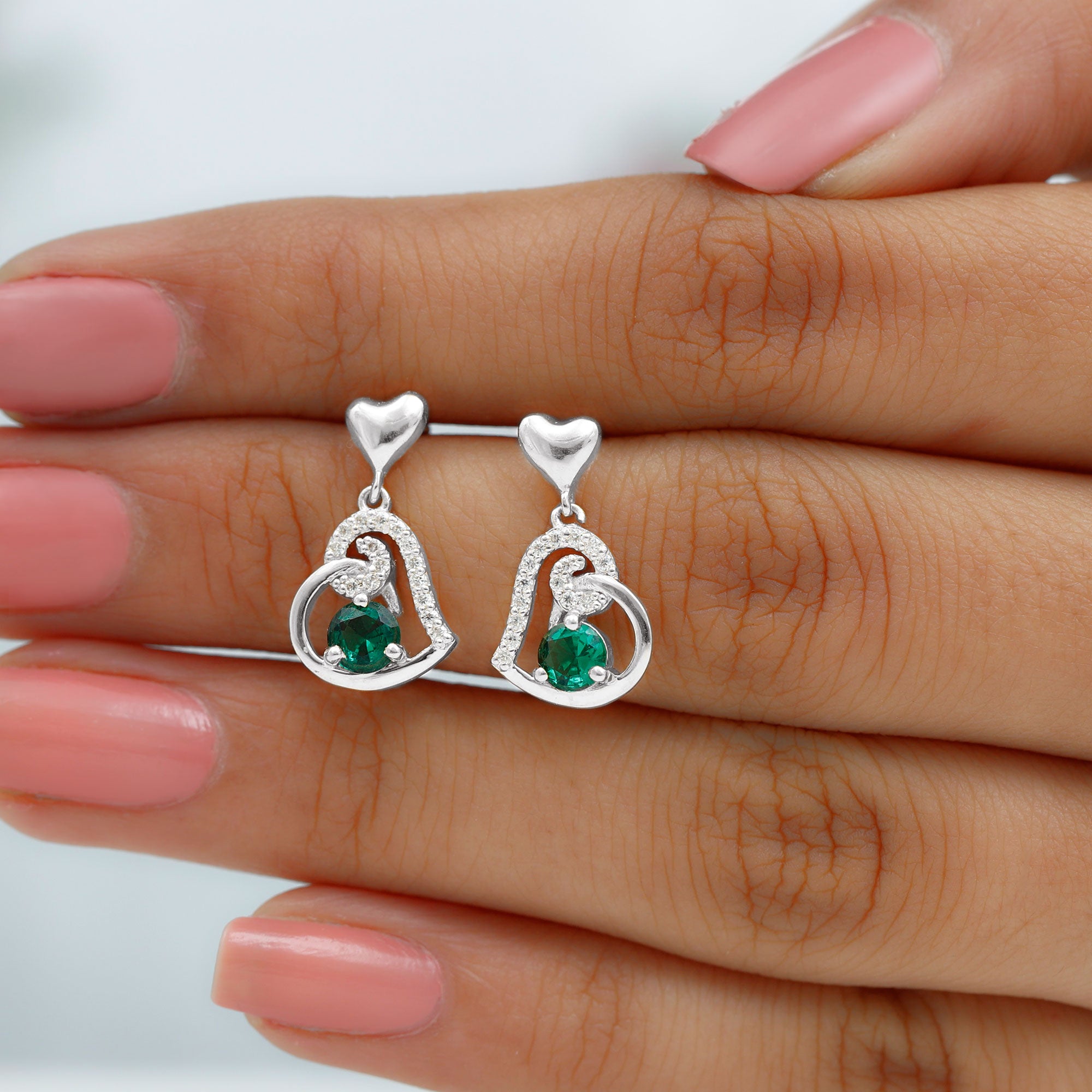 Created Emerald Heart Drop Earrings with Diamond Accent Lab Created Emerald - ( AAAA ) - Quality - Rosec Jewels