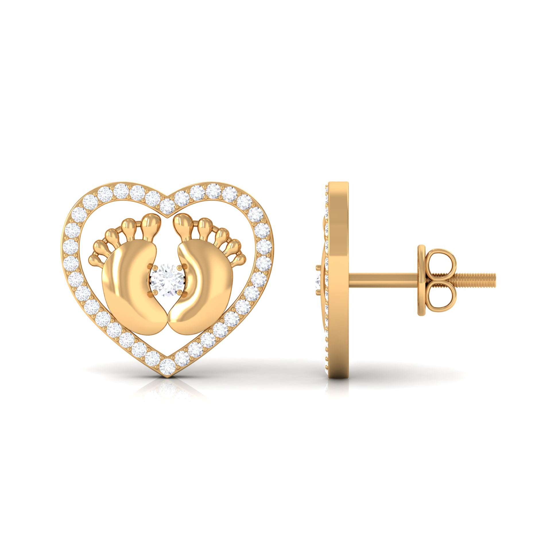 Diamond Heart Stud Earrings with Gold Baby Feet Diamond - ( HI-SI ) - Color and Clarity - Rosec Jewels