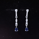 Pear Cut Created Blue Sapphire and Moissanite Silver Long Dangle Earrings Lab Created Blue Sapphire - ( AAAA ) - Quality 92.5 Sterling Silver - Rosec Jewels