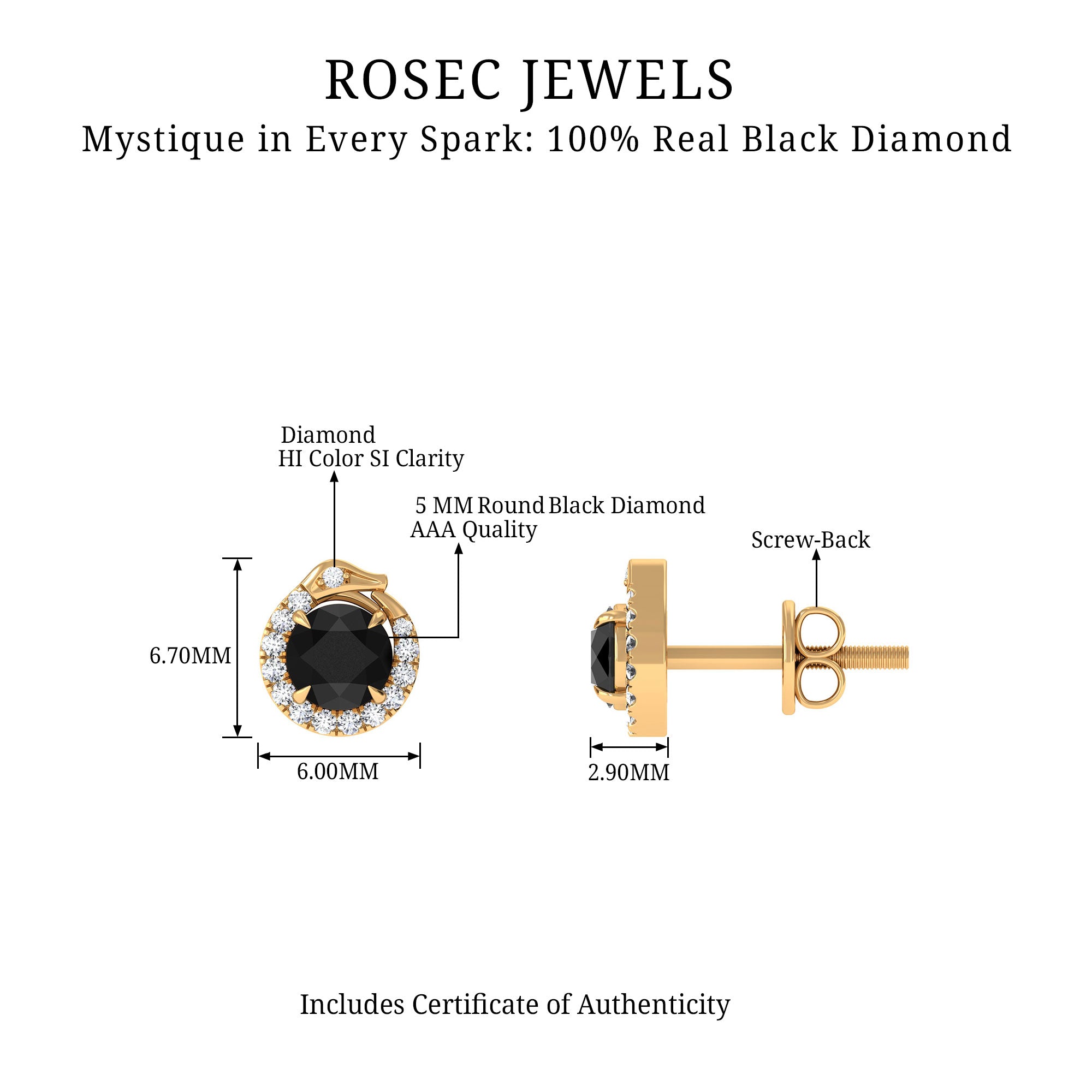 Classic Black and White Diamond Snake Stud Earrings Black Diamond - ( AAA ) - Quality - Rosec Jewels