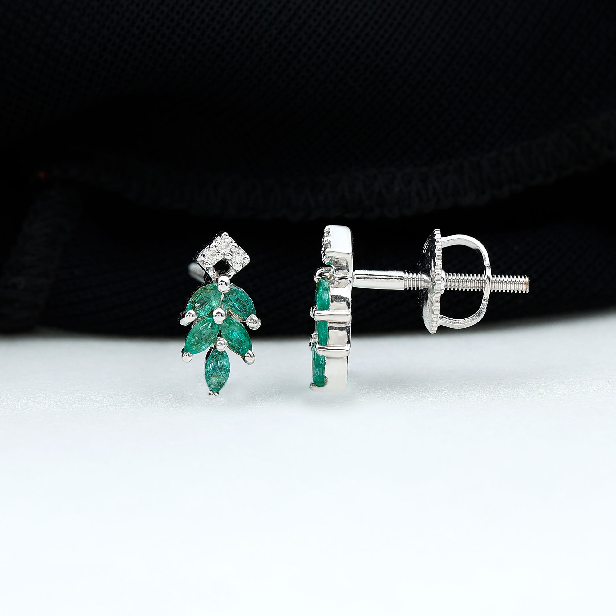 Real Emerald Leaf Stud Earrings with Moissanite Emerald - ( AAA ) - Quality - Rosec Jewels