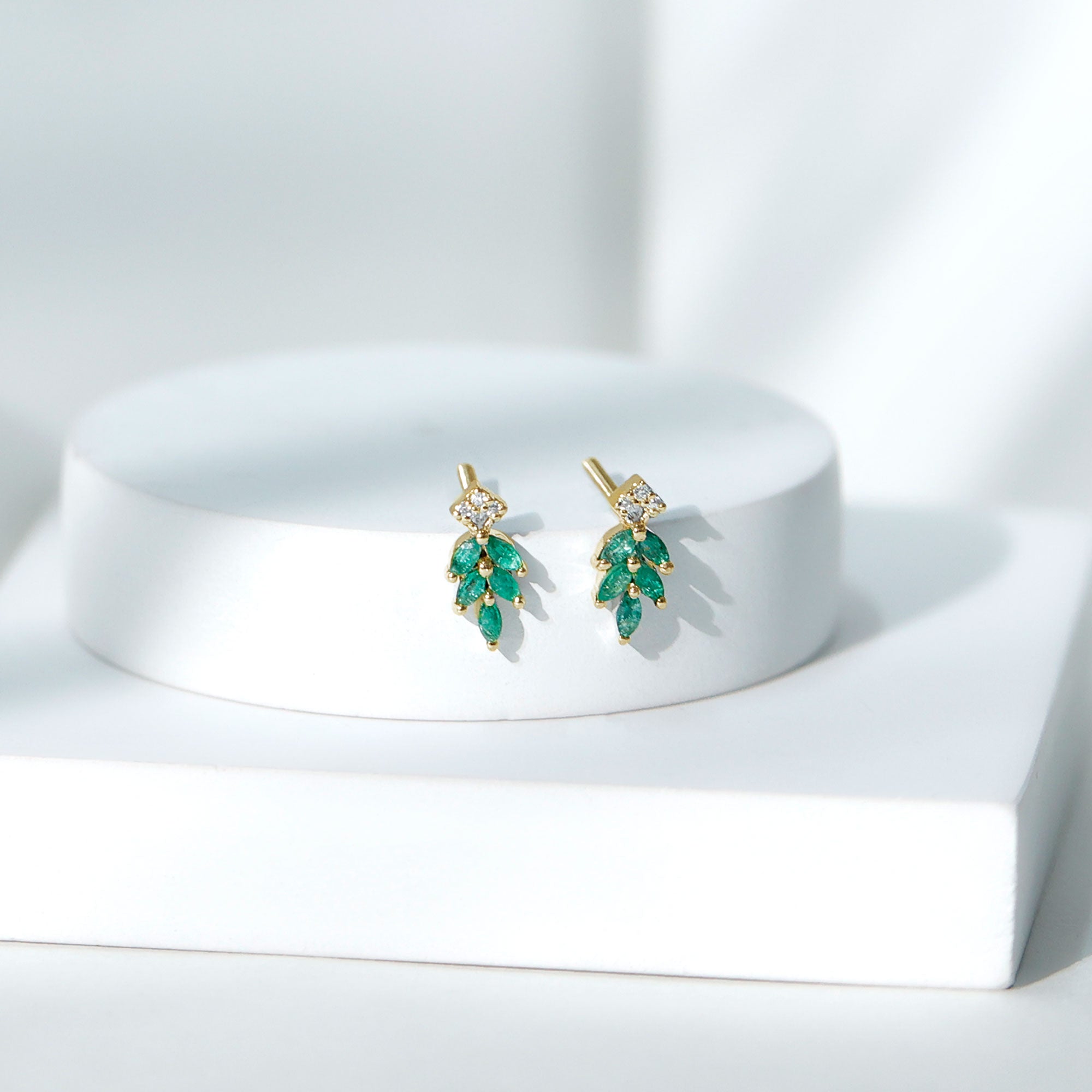 Real Emerald Leaf Stud Earrings with Moissanite Emerald - ( AAA ) - Quality - Rosec Jewels