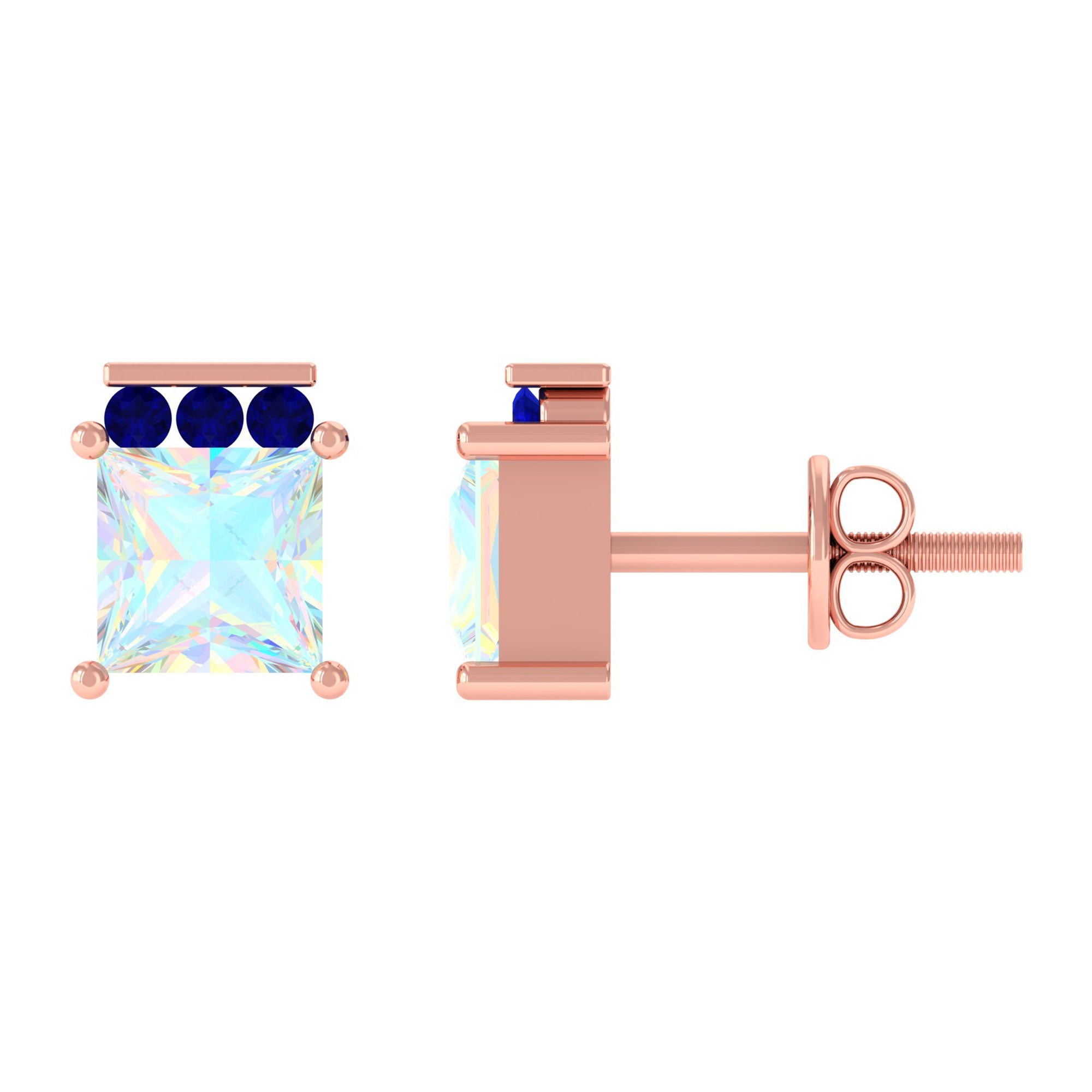 Princess Cut Ethiopian Opal Stud Earrings with Blue Sapphire Trio Ethiopian Opal - ( AAA ) - Quality - Rosec Jewels