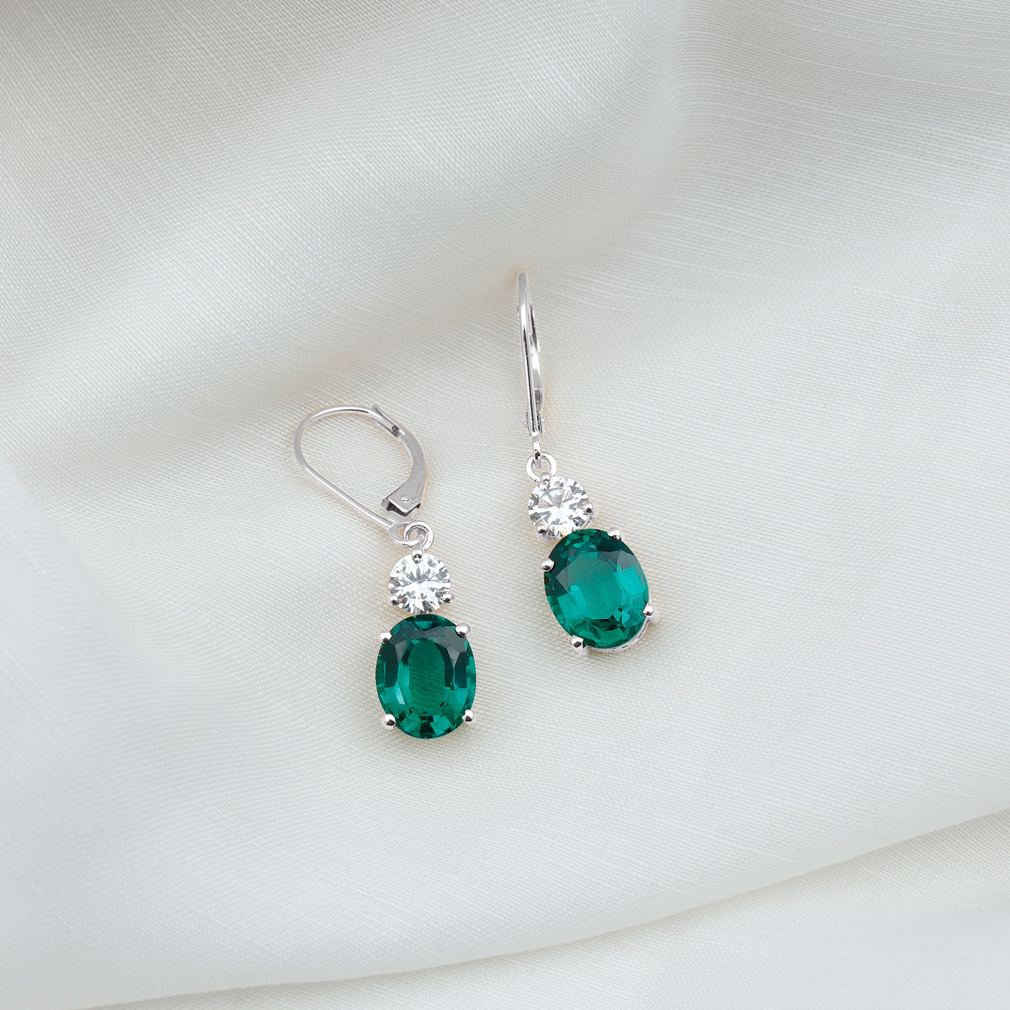 Lab Grown Emerald Oval Drop Earrings With Moissanite Lab Created Emerald - ( AAAA ) - Quality - Rosec Jewels