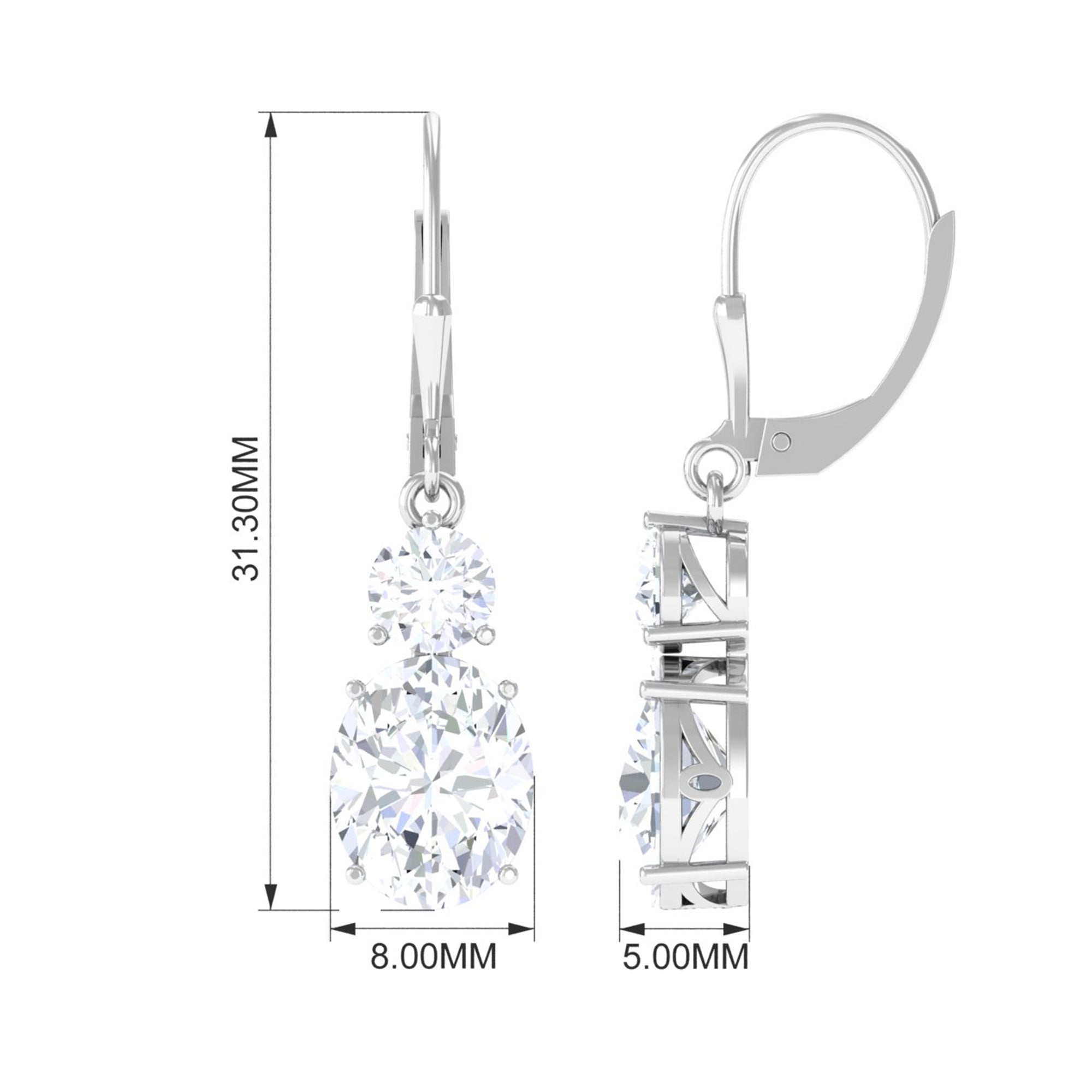 Minimal Zircon 2 Stone Drop Earrings with Lever Back Zircon - ( AAAA ) - Quality - Rosec Jewels